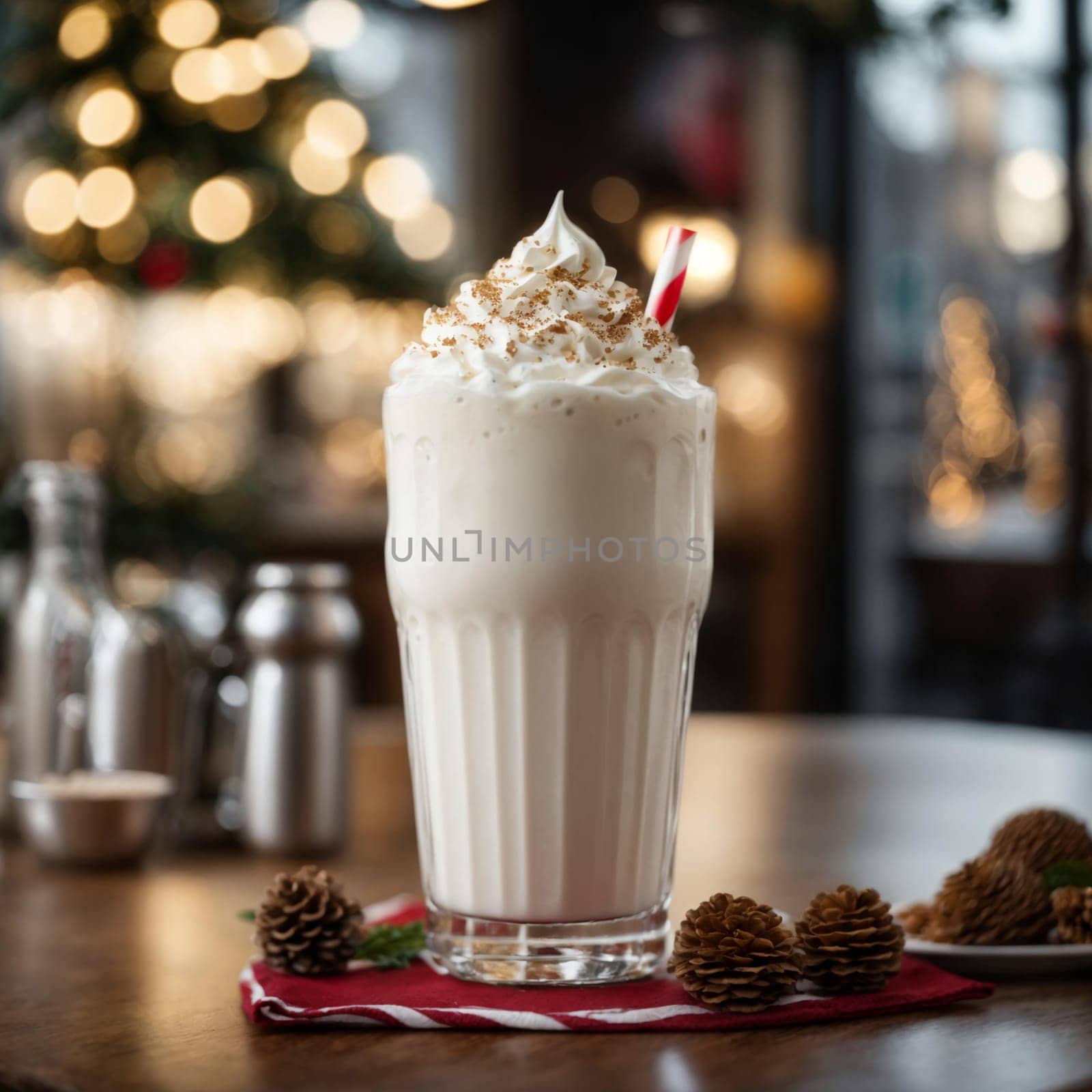 image of a beautiful glass with a white milkshake on the Christmas table