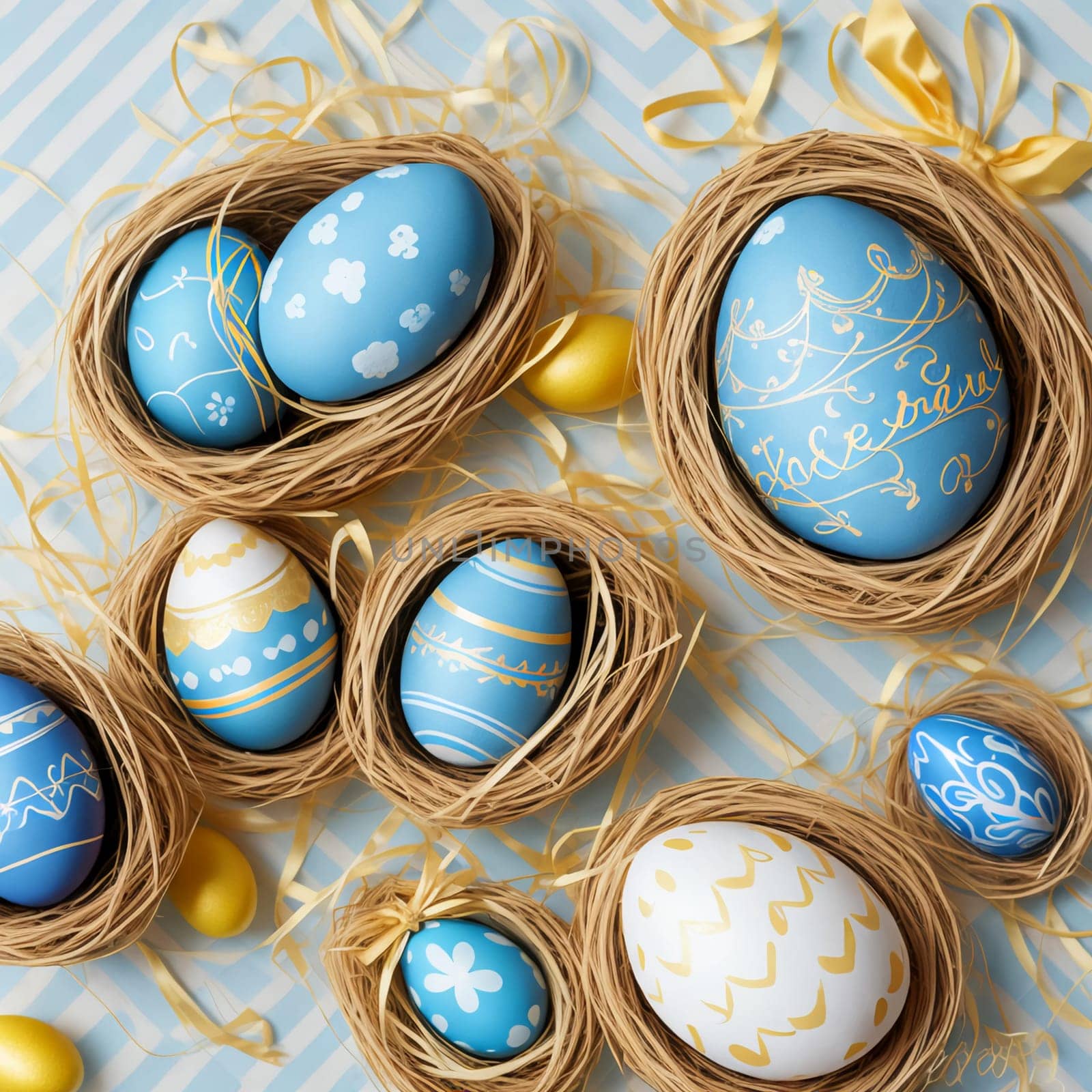 easter eggs in fashionable classic blue and gold colors, decorated with a striped pattern on a blue background,Easter greeting card