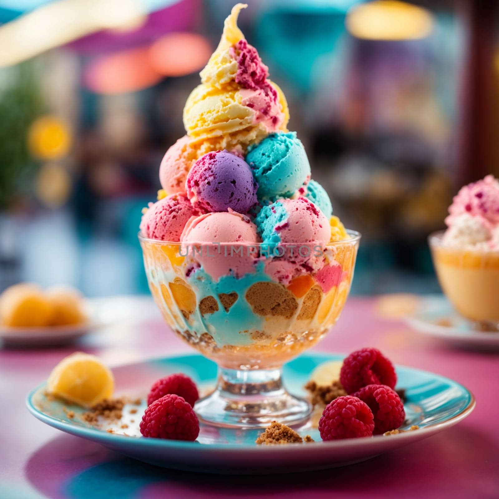 colorful ice cream in a beautiful plate with strawberries, blackberries and mango slices on a bright colored Christmas background cafe with garlands and lights