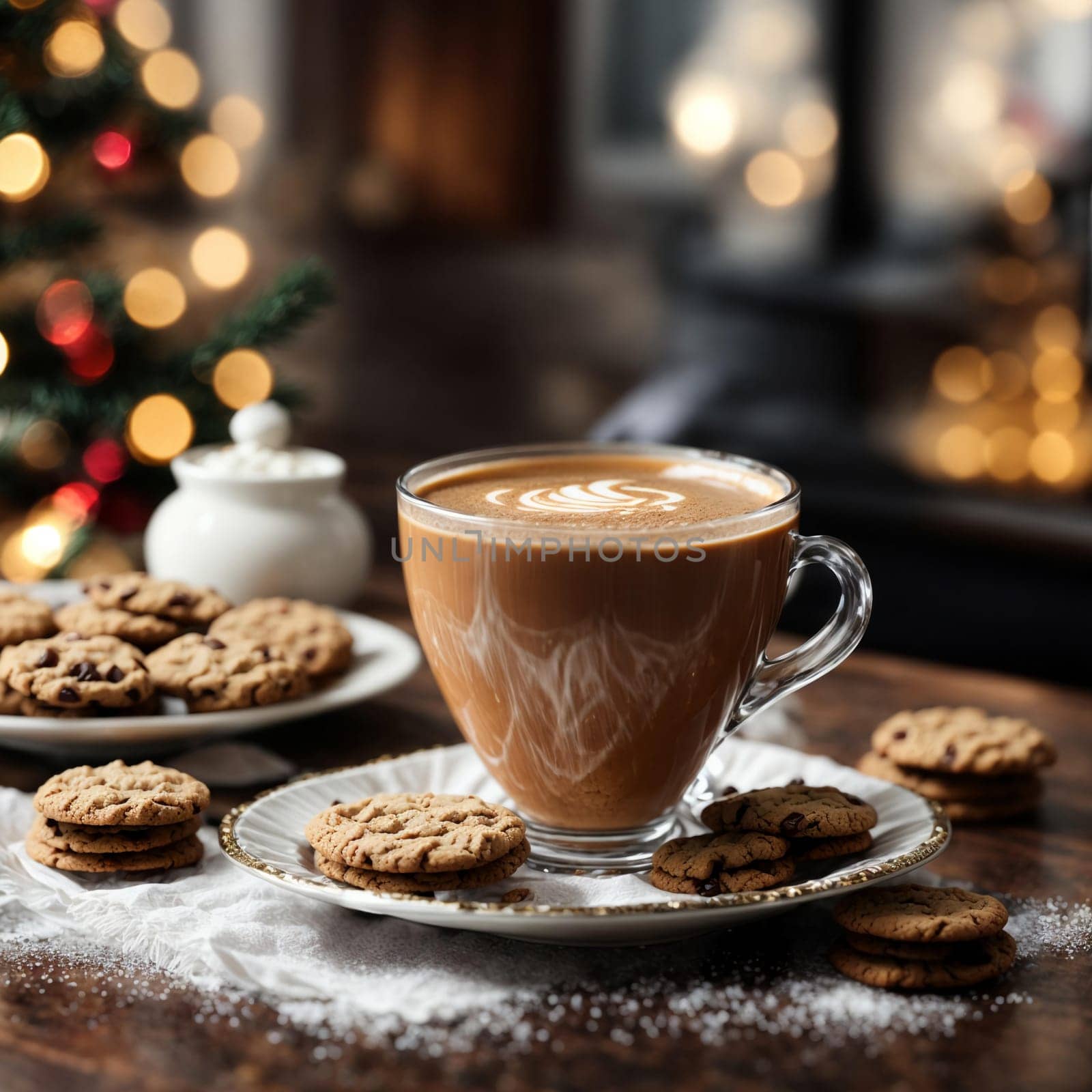 a beautiful cup of coffee on the Christmas table with cookies and sweets on the background of the cafe