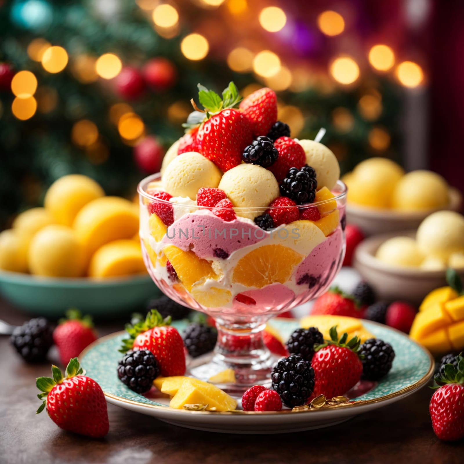 colorful ice cream in a beautiful plate with strawberries, blackberries and mango slices on a bright colored Christmas background cafe with garlands and lights