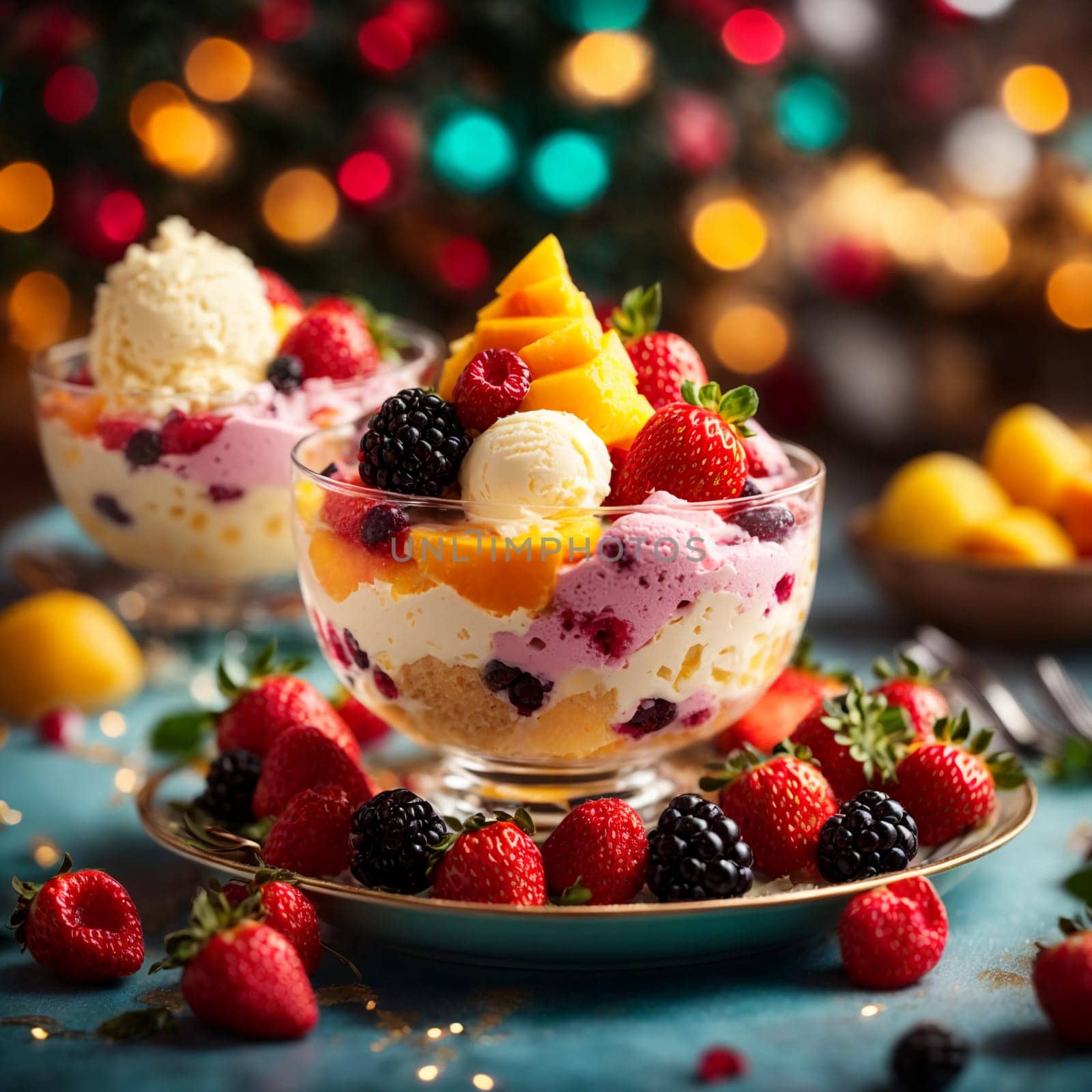 colorful ice cream in a beautiful plate with strawberries, blackberries and mango slices on a bright colored Christmas background cafe with garlands and lights