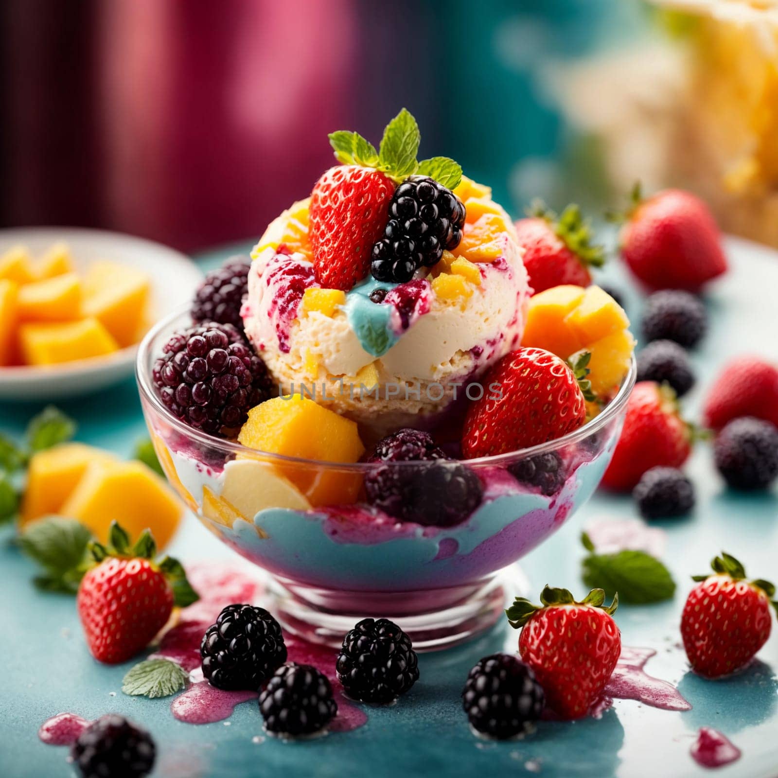 colorful ice cream in a beautiful plate with strawberries, blackberries and mango slices on a bright colored Christmas background cafe with garlands and lights