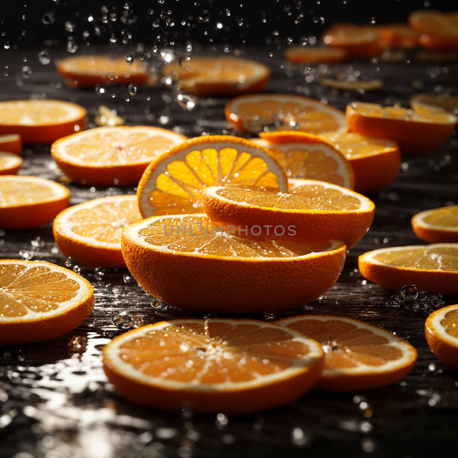 bright orange slices of orange in raindrops on a black background with bright rays of the sun