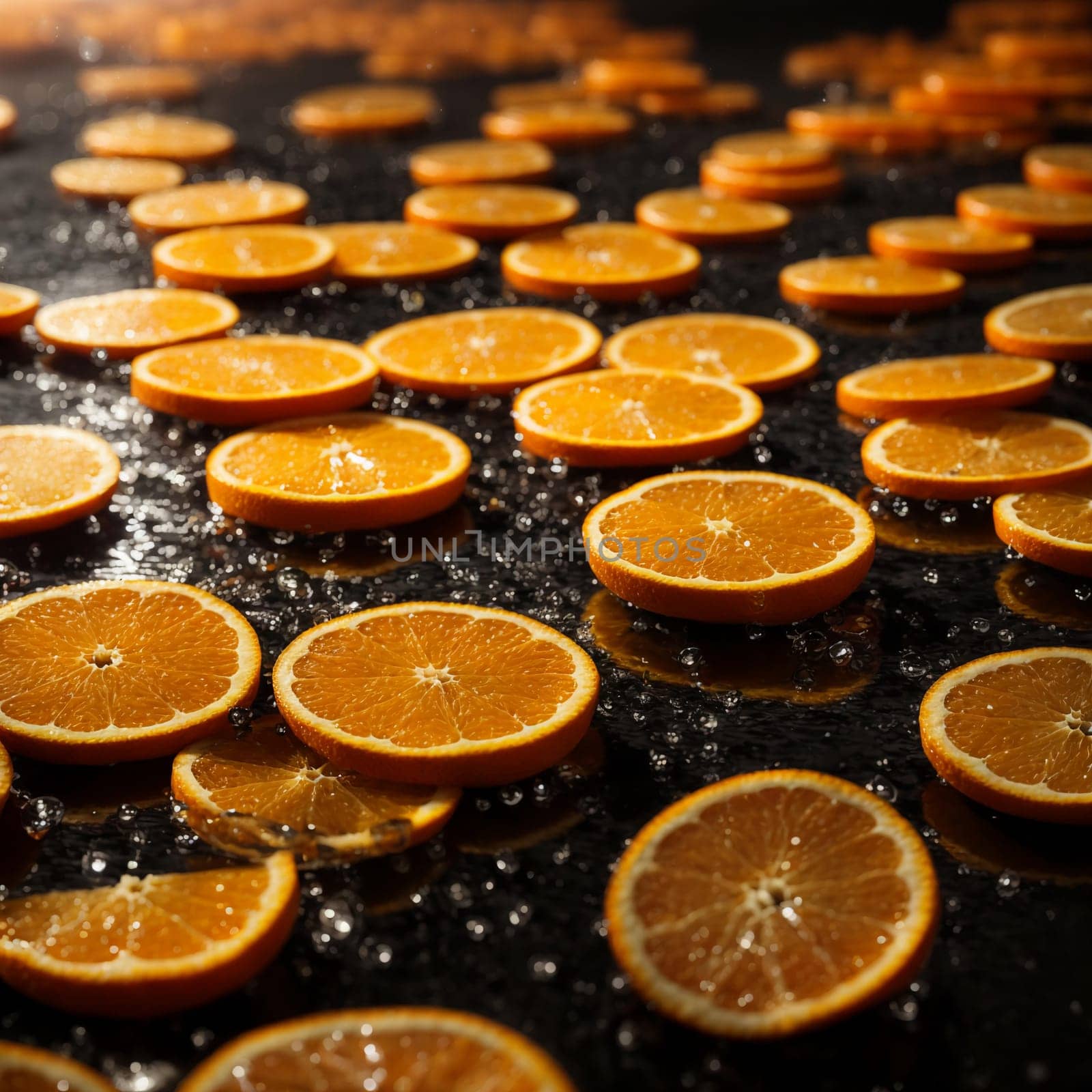 bright orange slices of orange in raindrops on a black background with bright rays of the sun