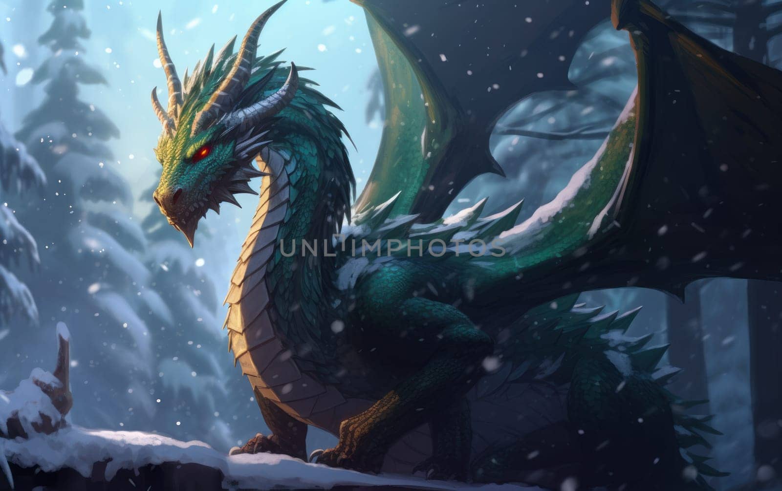 Green dragon in mountains in winter, fantasy art symbol of the New Year 2024, AI by but_photo