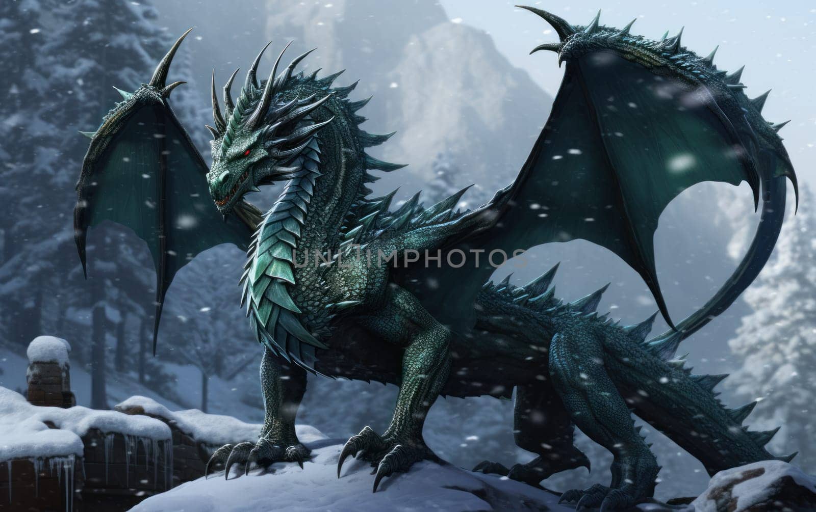 Fairytale green dragon in snowy forest against the backdrop of mountains. Fantasy dinosaur in the mountains in winter. Symbol of the New Year 2024. AI