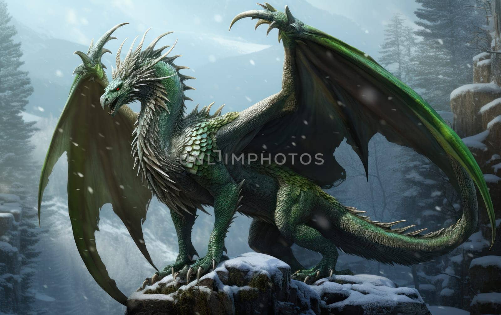 Green dragon in mountains in winter, fantasy art symbol of the New Year 2024, AI by but_photo