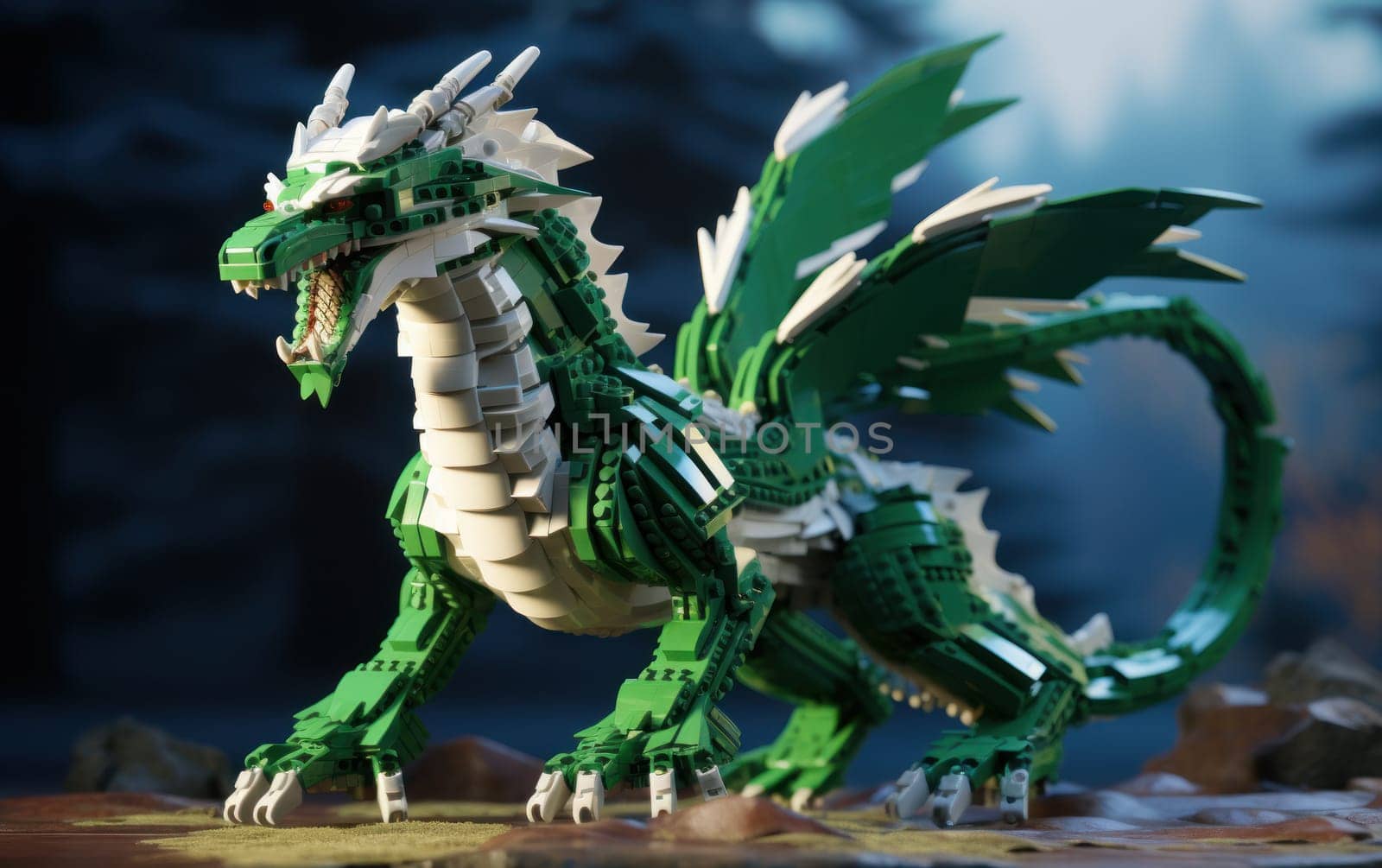 Fairytale green dragon toy plastic constructor lego style. Symbol of the New Year 2024. AI