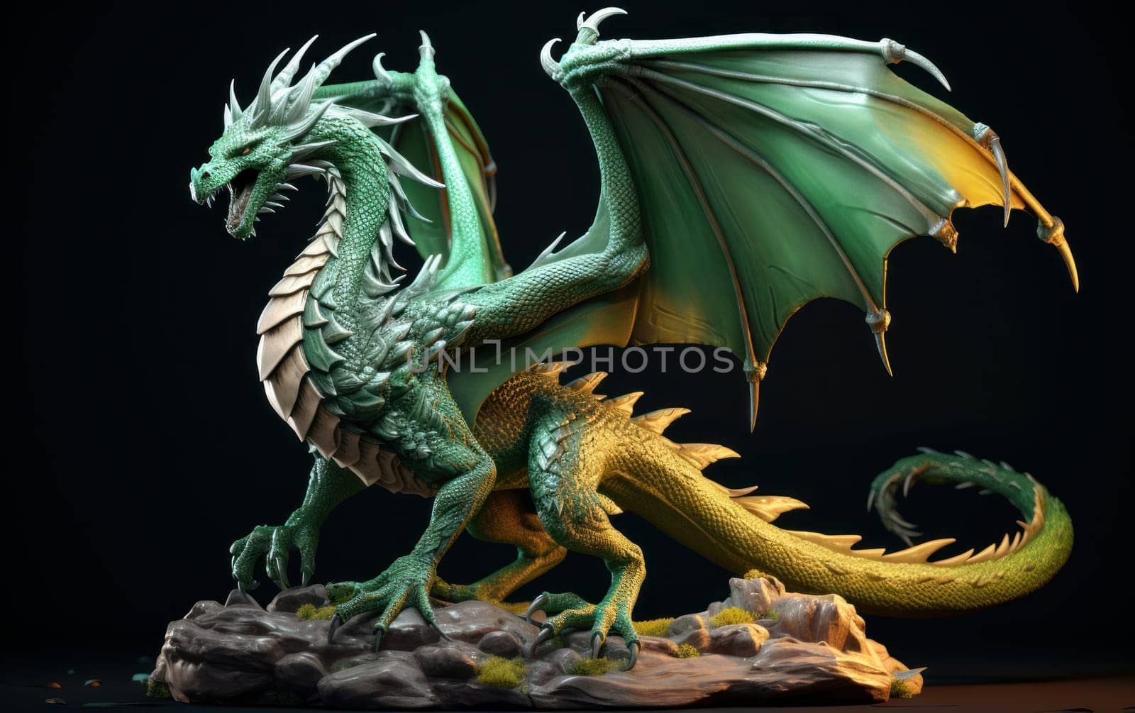 Plastic toy Fantasy dragon in hyperrealism style. Huge reptile with scales, green dragon on black background, symbol of the year 2024. AI