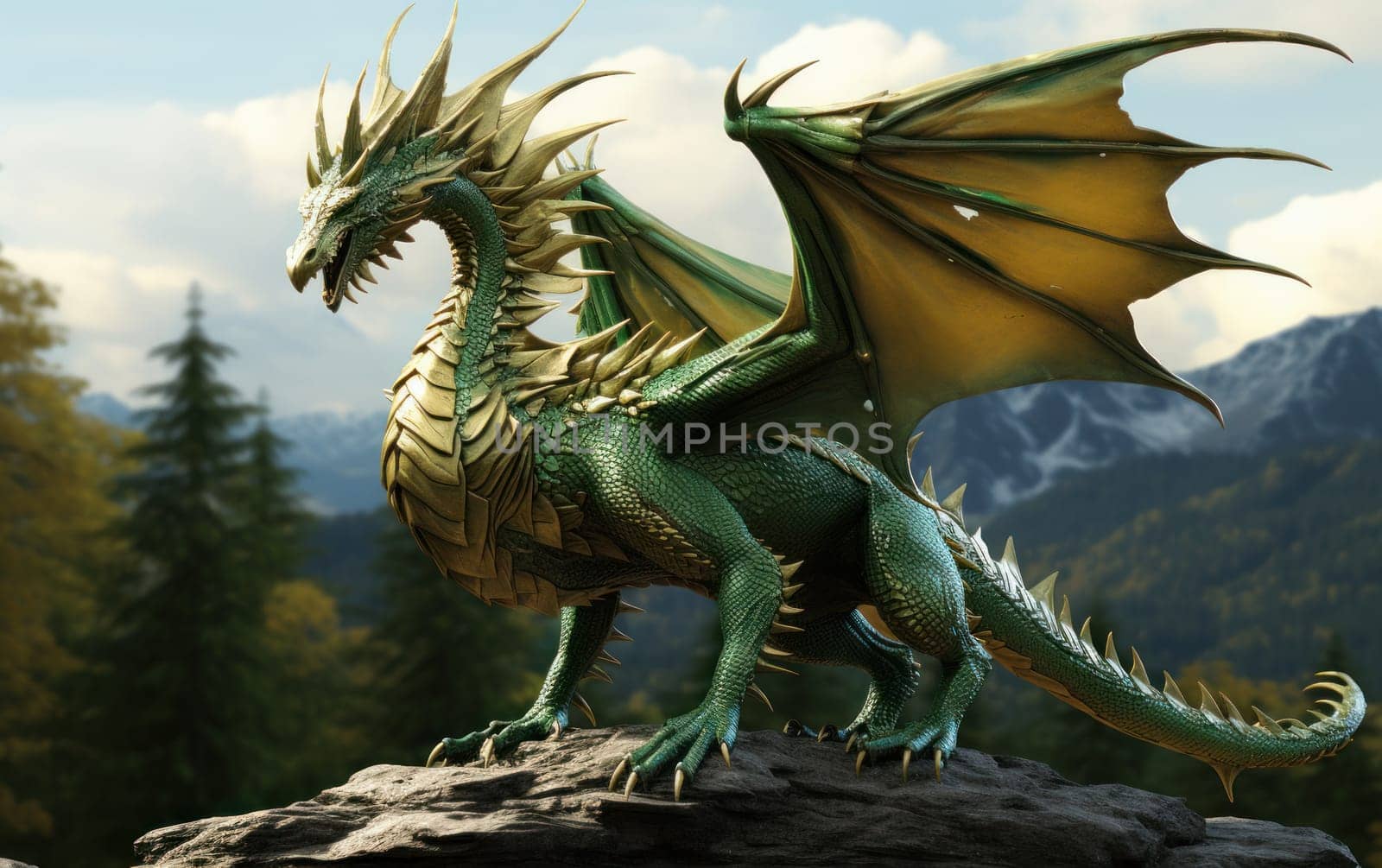 Green dragon in the mountains, symbol of the year 2024, AI by but_photo
