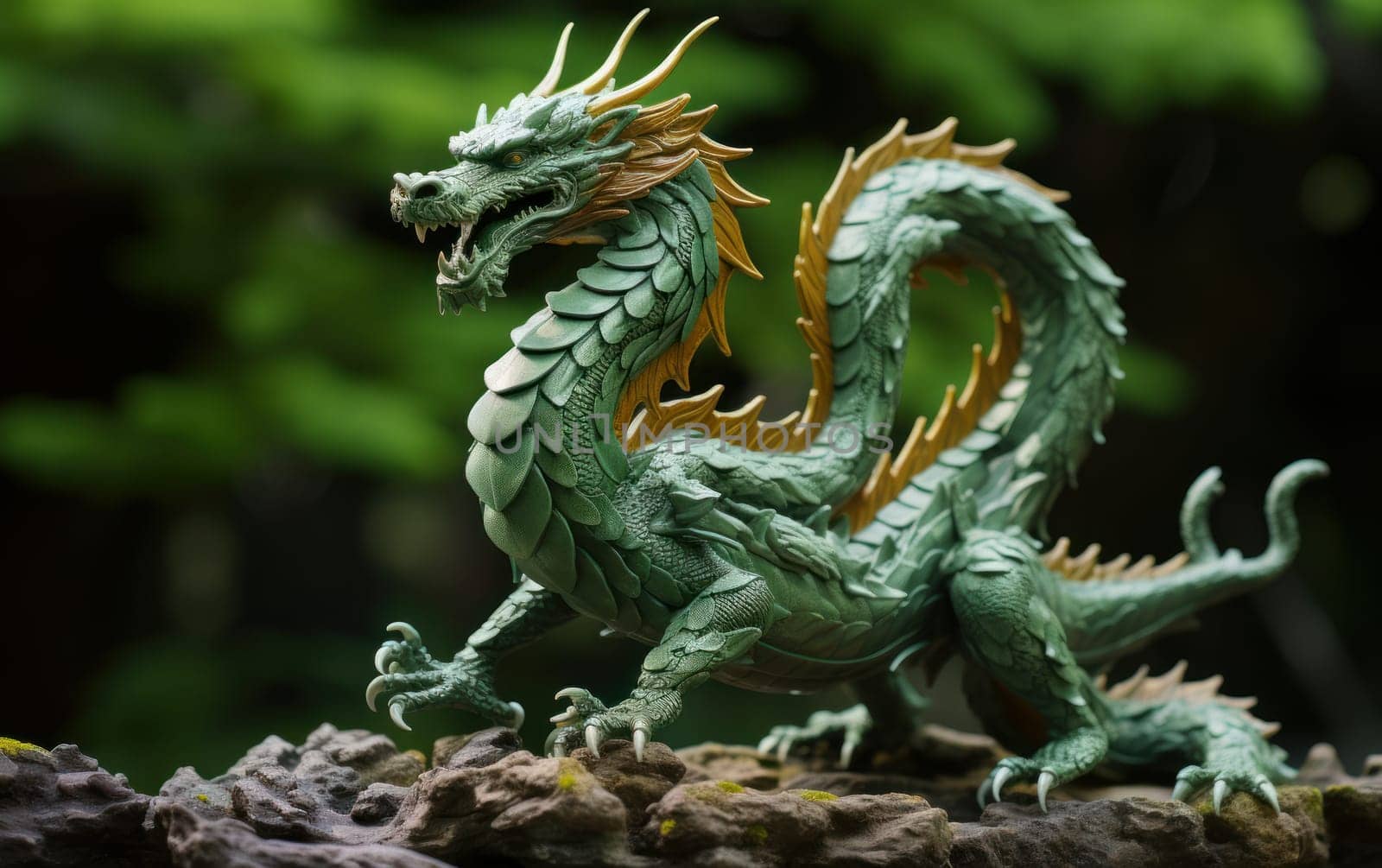 Green dragon toy in the forest isolated, symbol of the year 2024, AI by but_photo