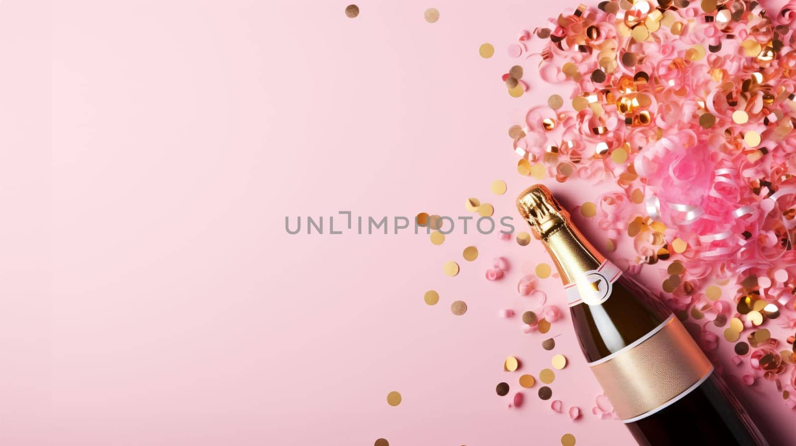 Top view of Champagne Bottle, Golden Confetti, and Decorative Balls on a Stylish light pink Background, Flat Lay Arrangement. with copy space