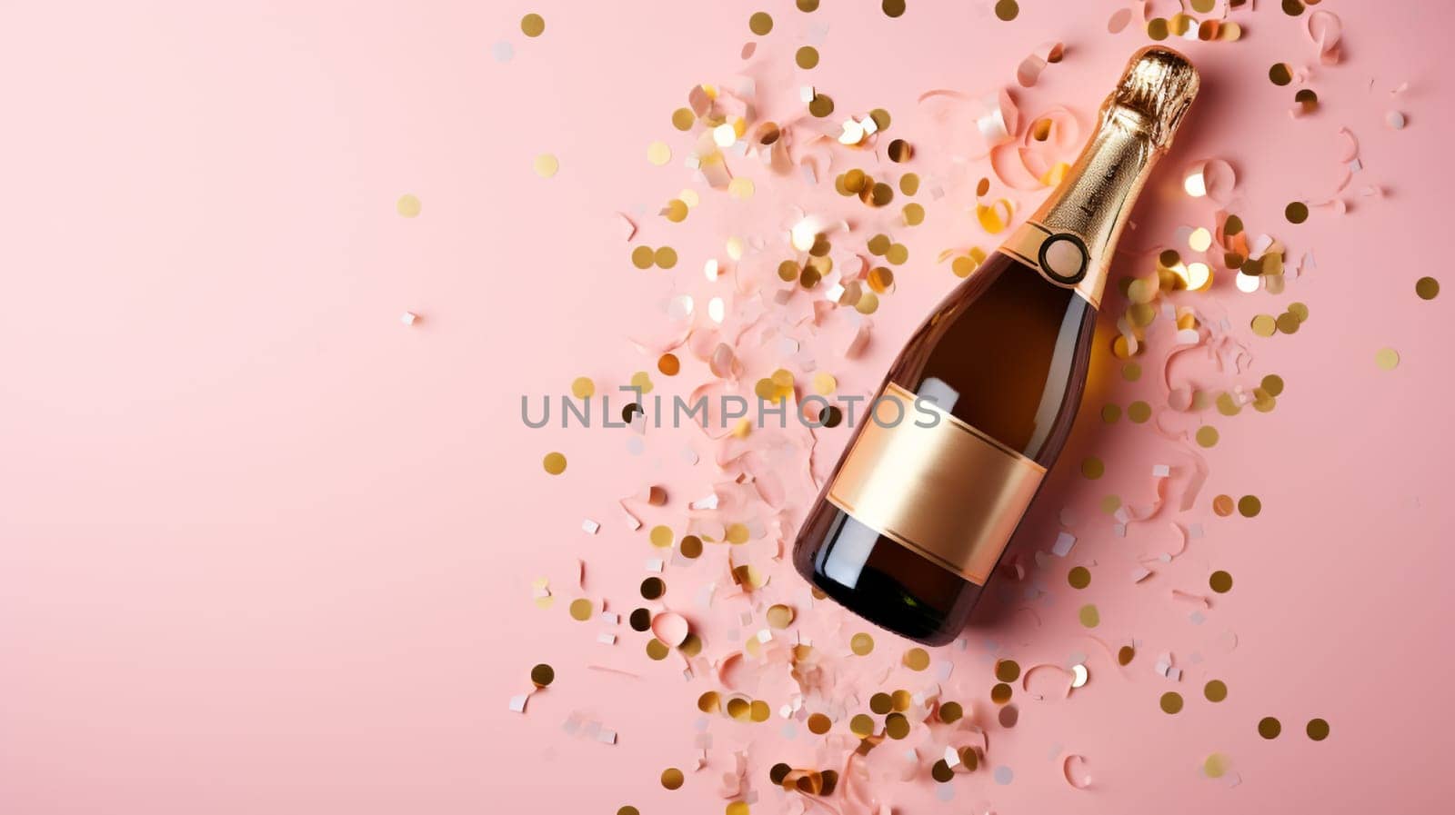 Top view of Champagne Bottle, Golden Confetti, and Decorative Balls on a Stylish light pink Background, Flat Lay Arrangement. with copy space