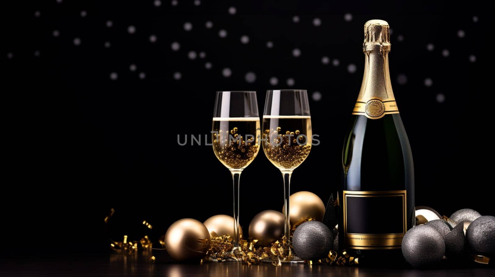 Premium Christmas Party Theme with Champagne Bottle, Wine Glasses, Golden Confetti, and Decorative Balls on a Stylish Dark Background. Lavish Flat Lay Arrangement with copy space.