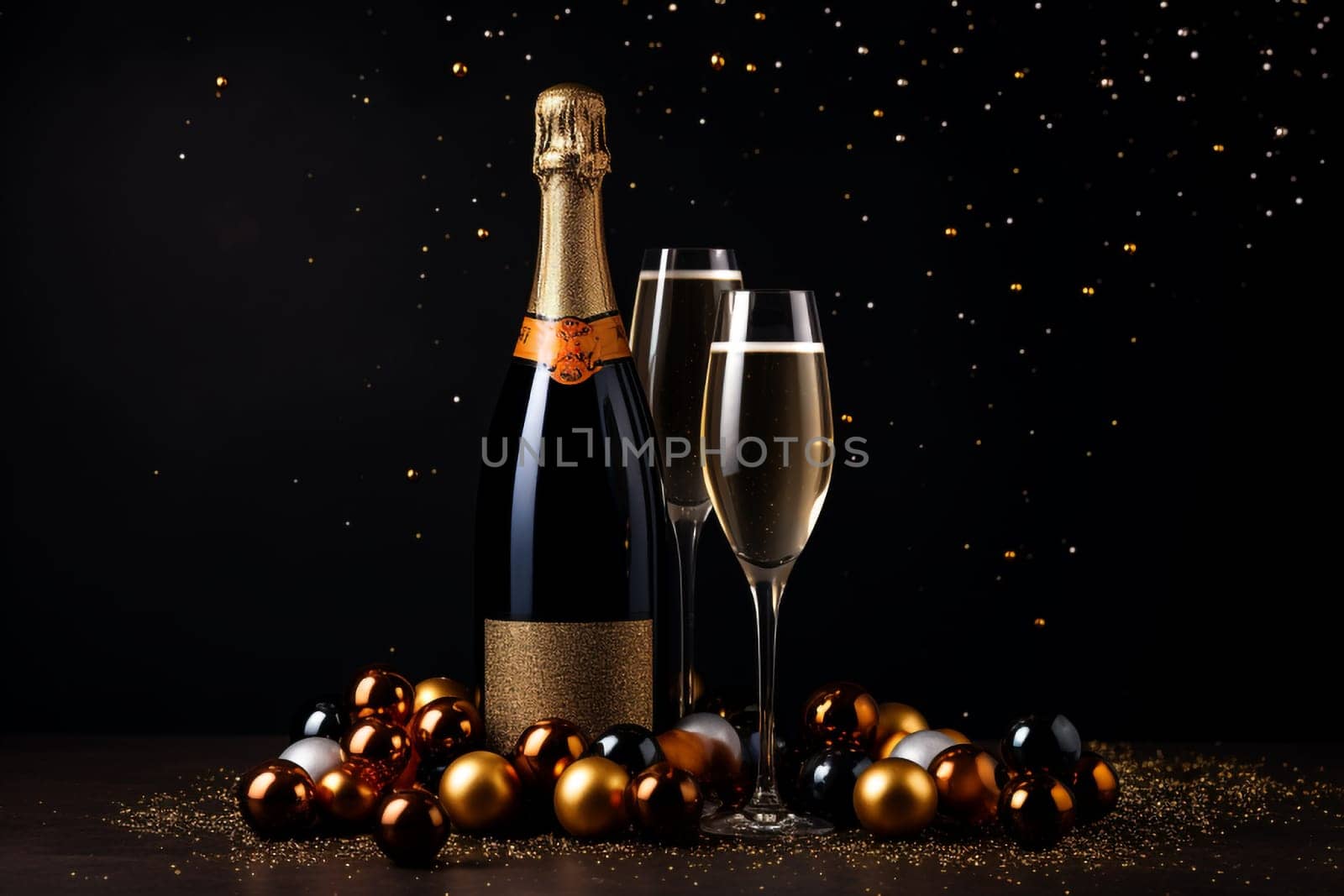 Premium Christmas Party Theme with Champagne Bottle, Wine Glasses, Golden Confetti, and Decorative Balls on a Stylish Dark Background. Lavish Flat Lay Arrangement with copy space.