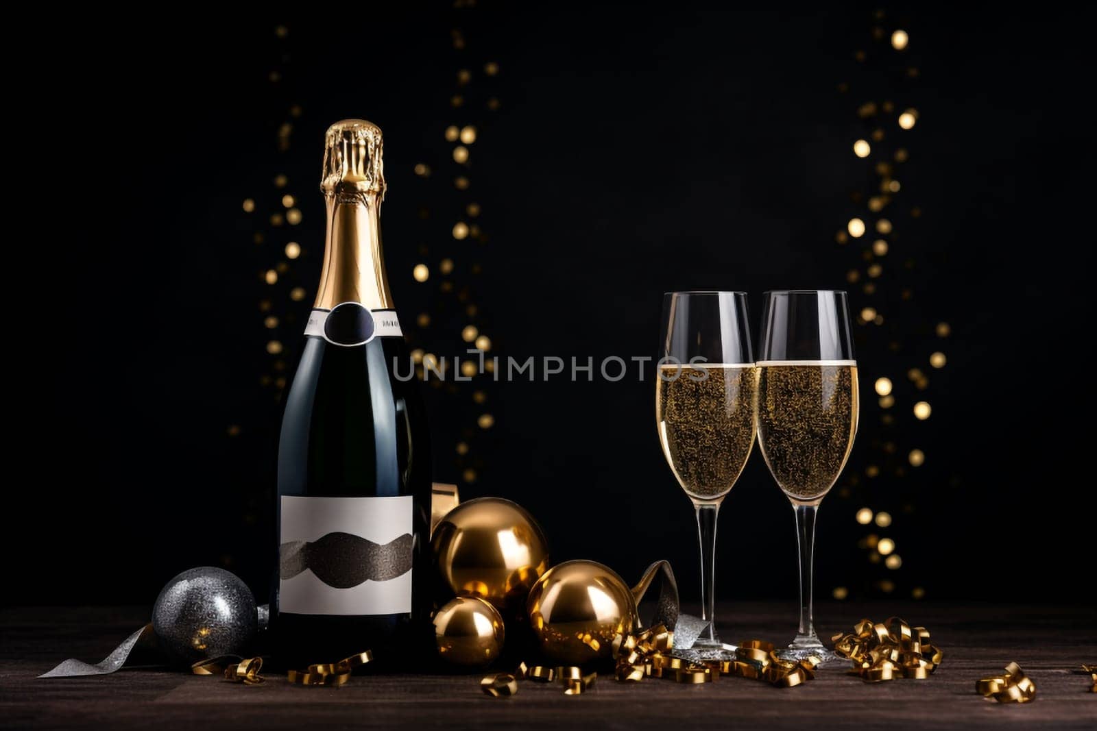 Premium Christmas Party Theme with Champagne Bottle, Wine Glasses, Golden Confetti, and Decorative Balls on a Stylish Dark Background. Lavish Flat Lay Arrangement with copy space.