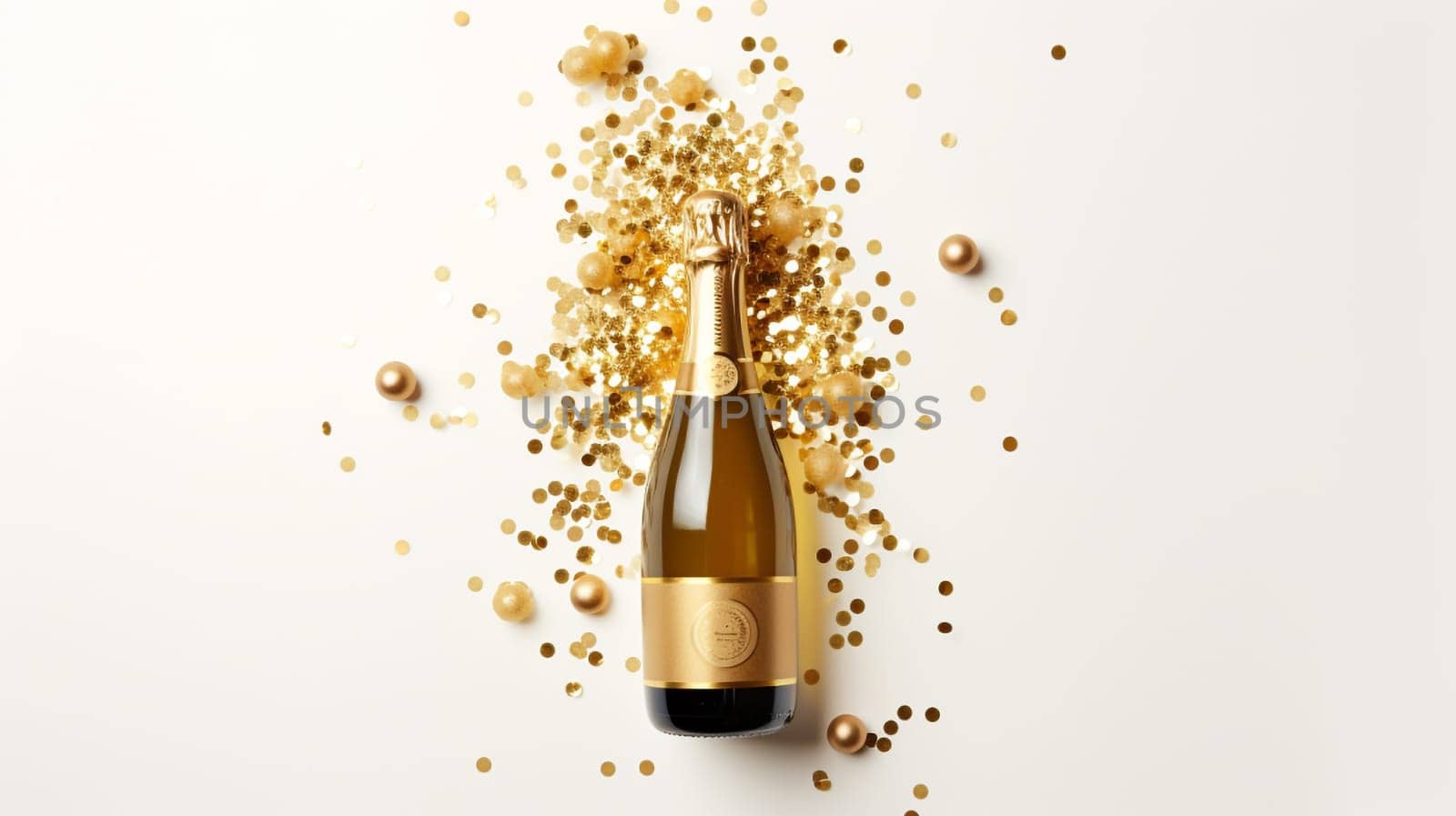 Top view of Champagne Bottle, Golden Confetti, and Decorative Balls on a Stylish light Background, Flat Lay Arrangement. with copy space