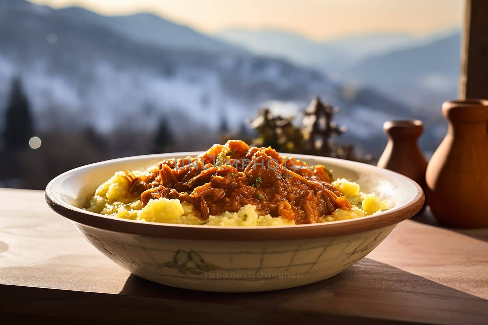 Cassoeula, traditional Lombardy dish with a stew made with pork meat and cabbage, often served with polenta. Italian seasonal comfort dish.