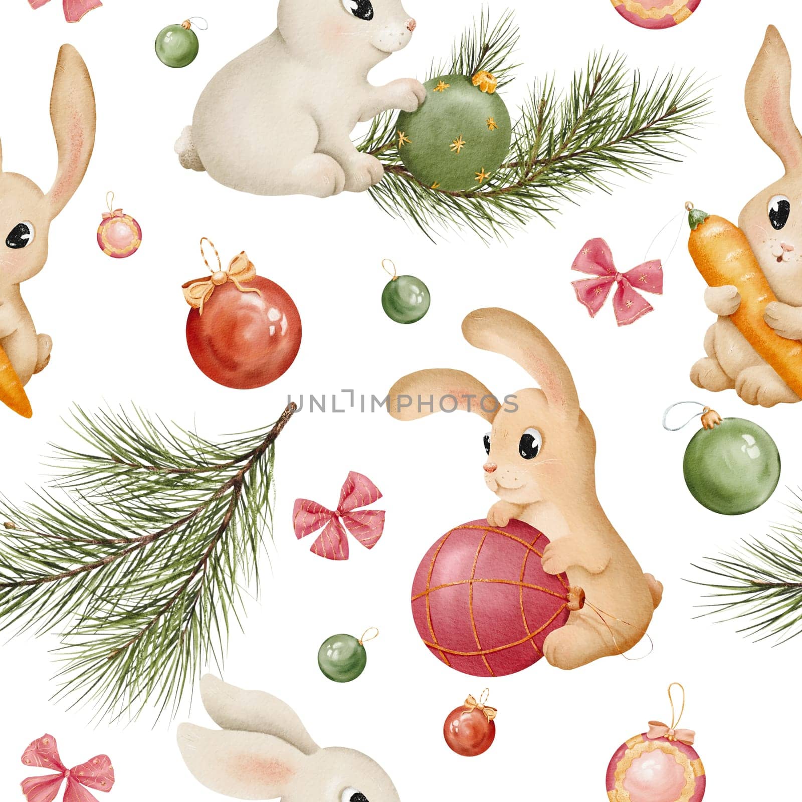 Seamless pattern. Bunny and rabbit with Christmas toys watercolor set. Hand drawn animals in different color. hare illustration element. Cute characters for Christmas, New Year. for textile, wrapping by Art_Mari_Ka