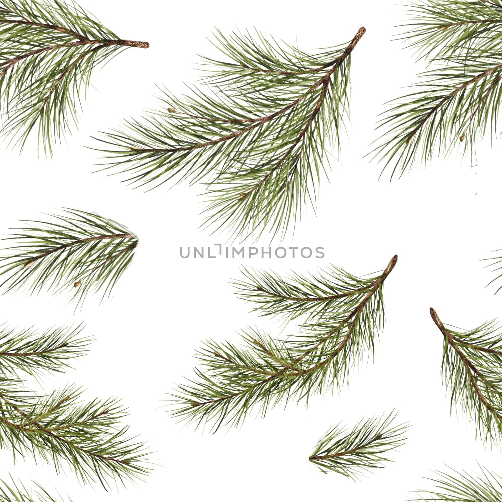 seamless pattern. Pine branch watercolor isolated illustration. green natural forest christmas tree. needles branches greenery hand drawn. holiday decor with fir branch. holiday celebration new year by Art_Mari_Ka