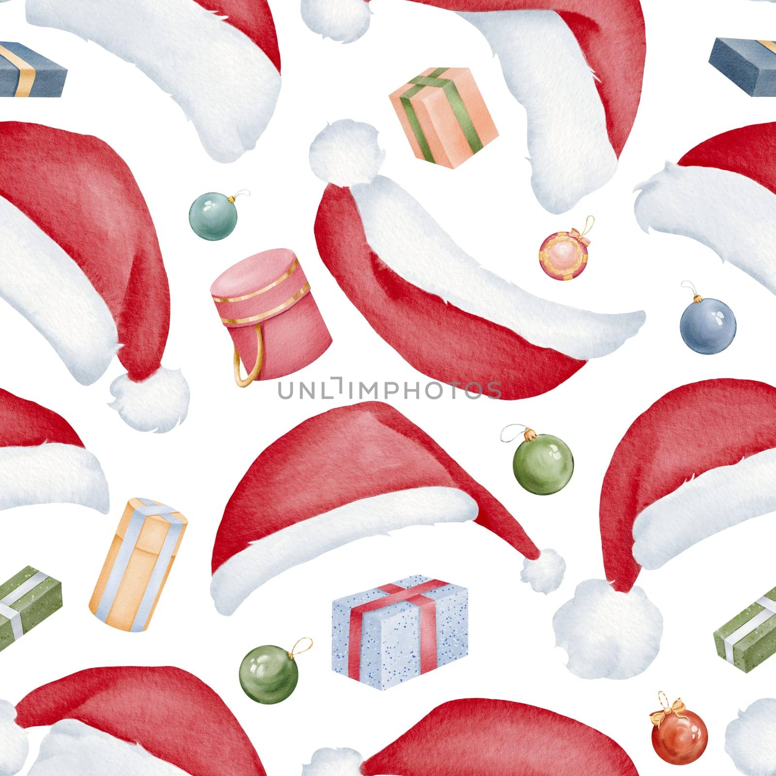 Seamless pattern. Presents. Santa Claus hat. Winter clothes. Christmas red hat in new year holiday cartoon design. for greeting card, postcards party invitations, posters, greetings, websites, stories by Art_Mari_Ka