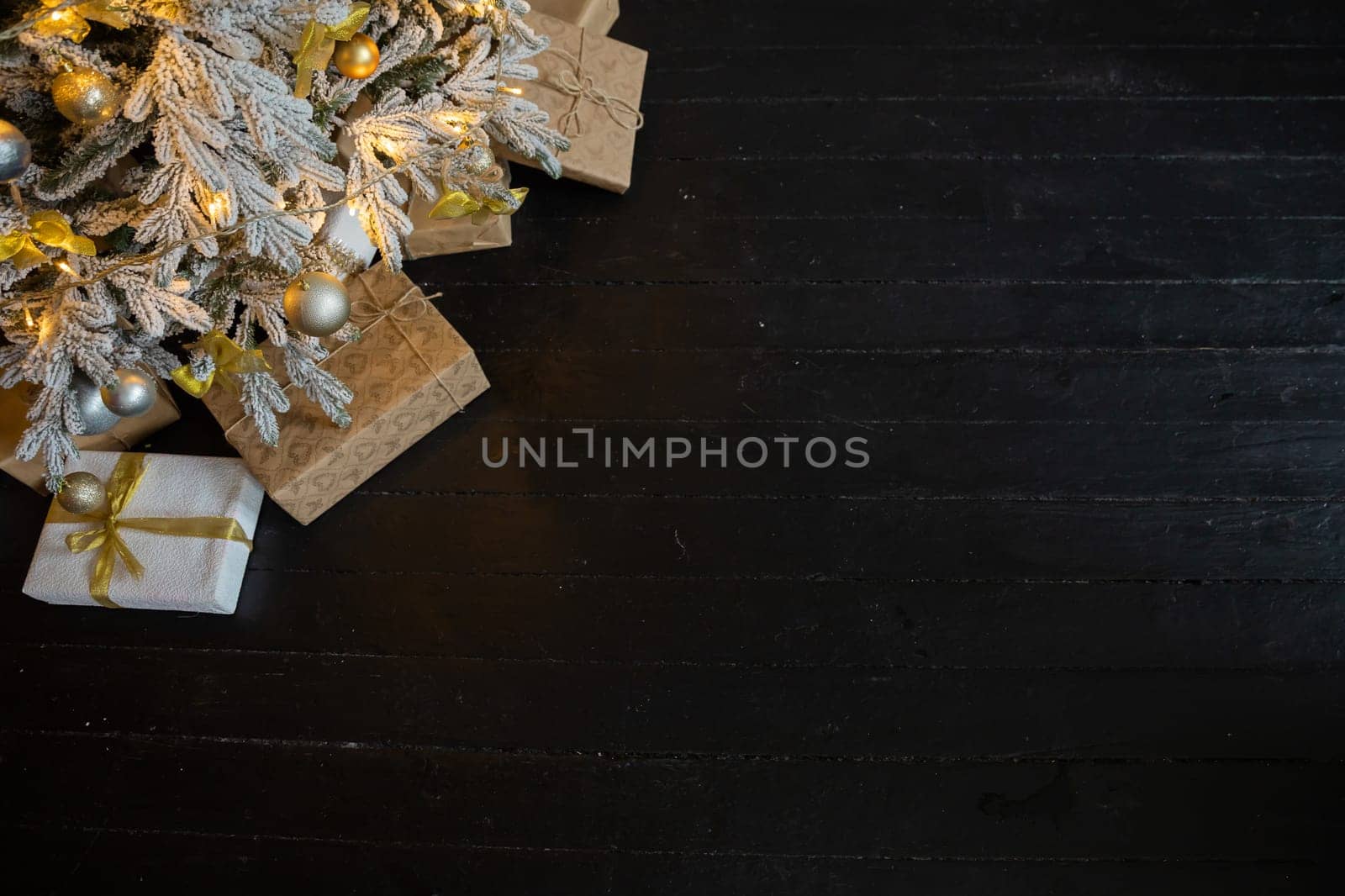 Banner with many gift boxes tied velvet ribbons and paper decorations on turquoise background. Christmas background.