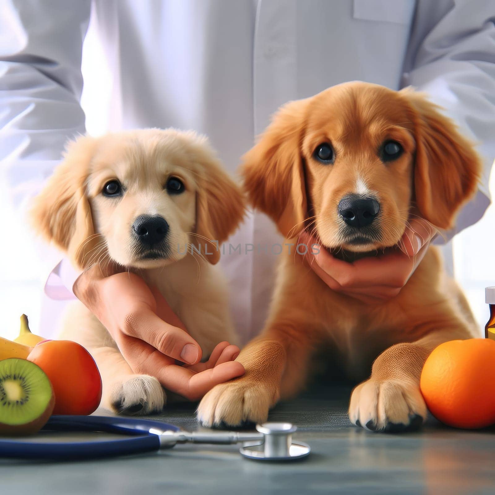 Vet examining dog and cat. Puppy and kitten at veterinarian doctor. Animal clinic. Pet check up and vaccination. Health care.