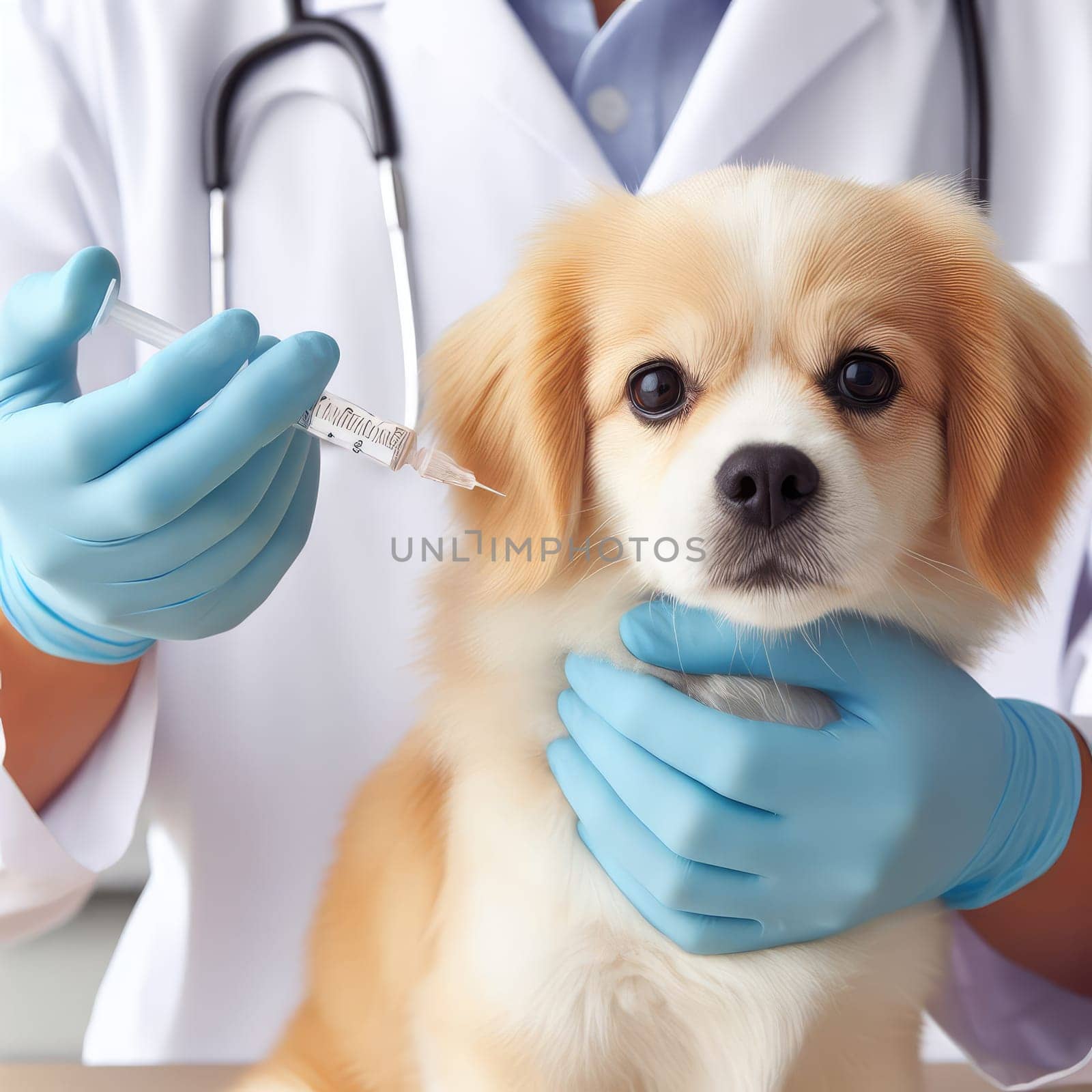 Vet examining dog and cat. Puppy and kitten at veterinarian doctor. Animal clinic. Pet check up and vaccination. Health care.