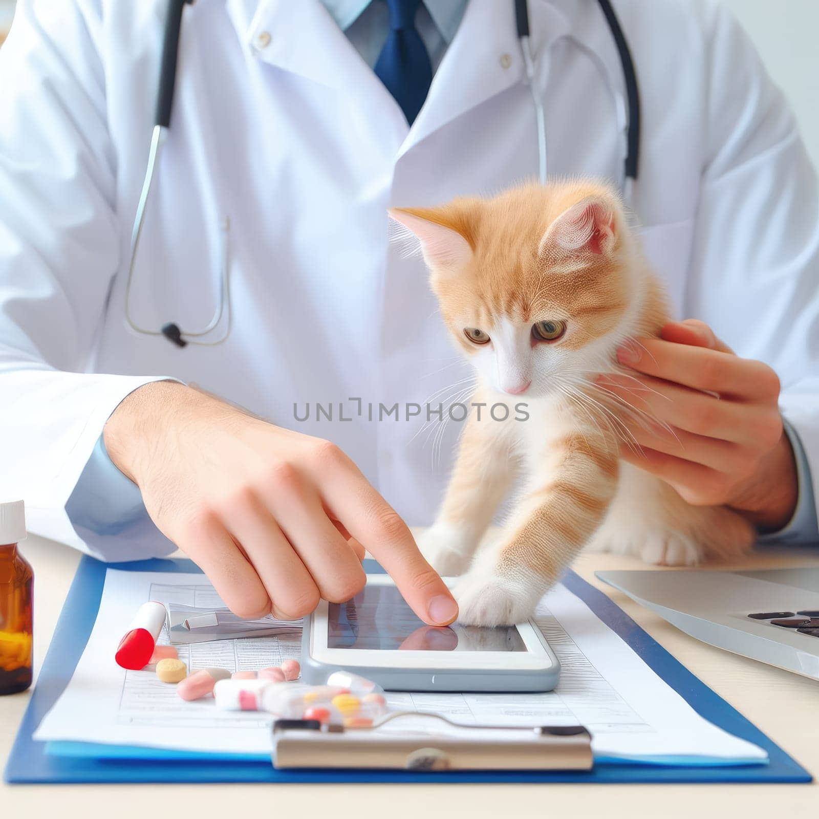 Vet examining dog and cat. Puppy and kitten at veterinarian doctor. Animal clinic. Pet check up and vaccination. Health care.