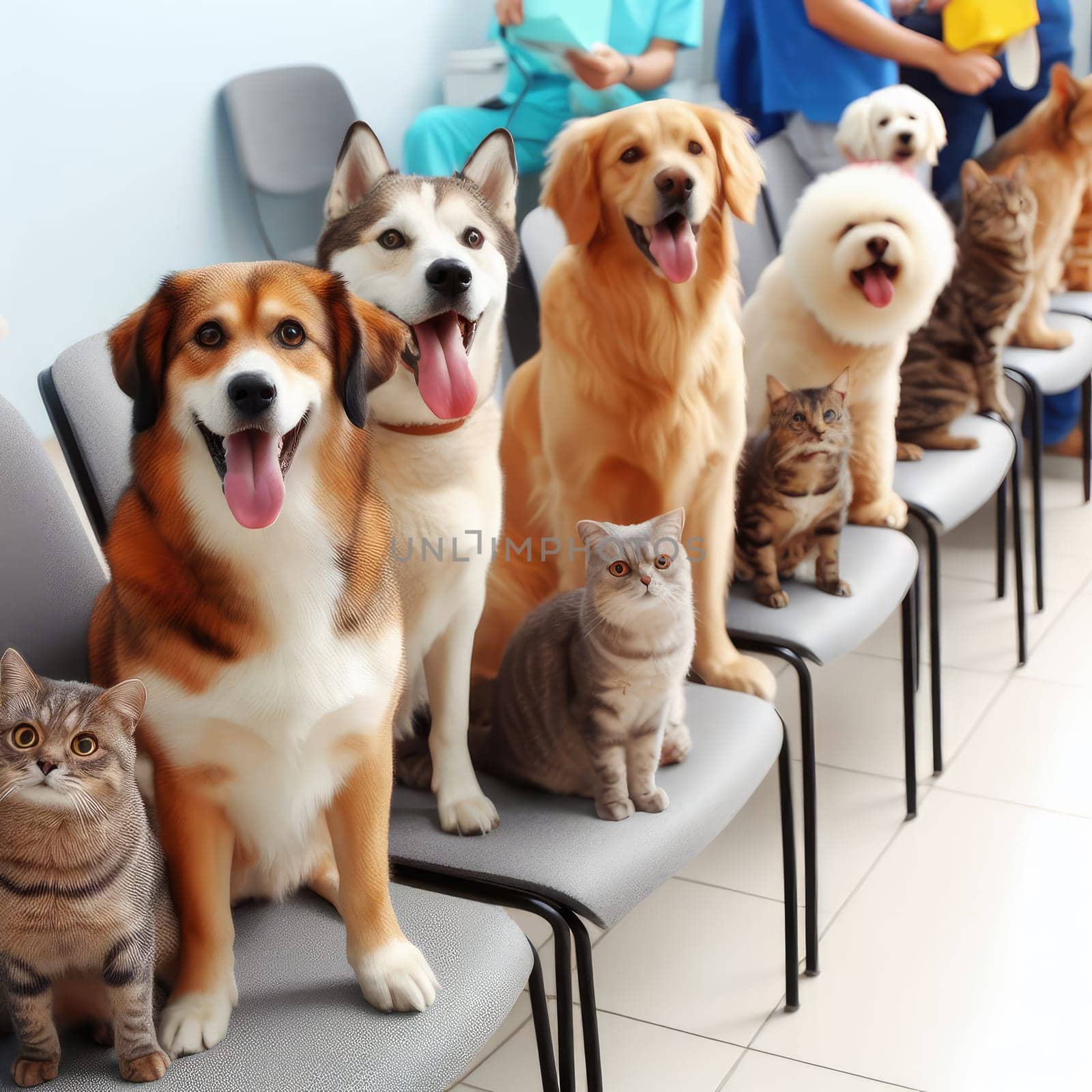 photo of dogs cats and other home animals sitting on chairs waiting in a queue to pets clinic by Kobysh