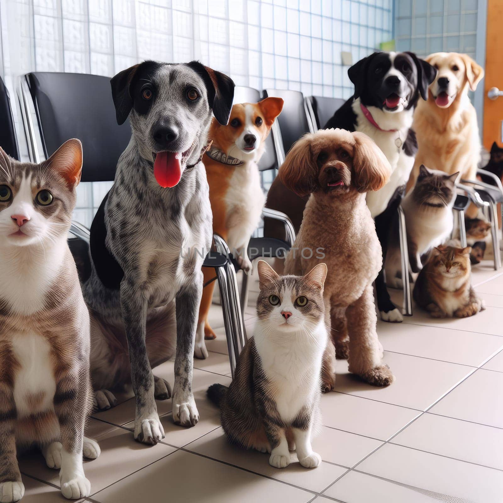 photo of dogs cats and other home animals sitting on chairs waiting in a queue to pets clinic by Kobysh