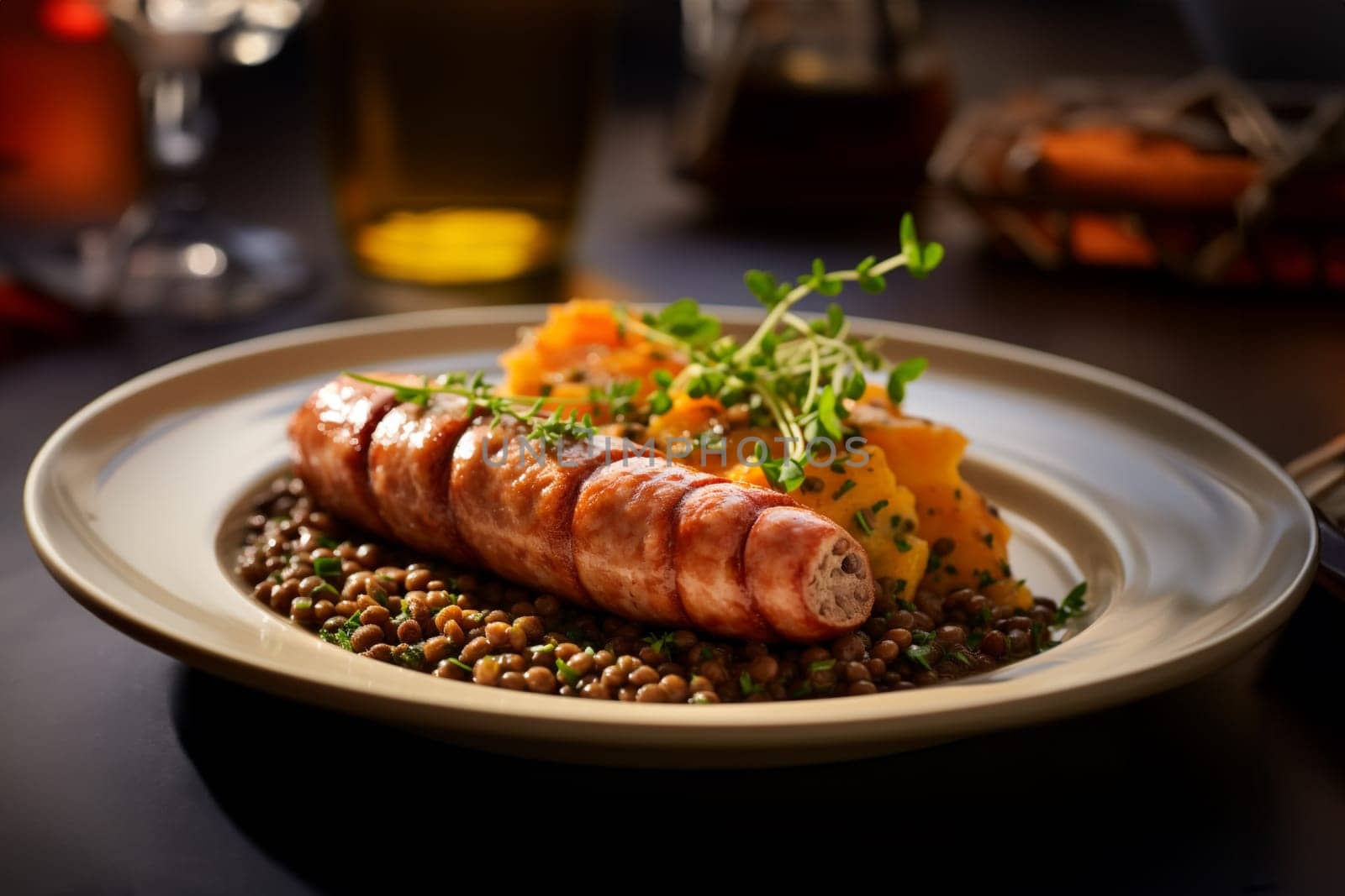 Cotechino with lentils raditional a Emilia-Romagna dish, with sausage served with lentils, symbolizing luck and prosperity for the new year.