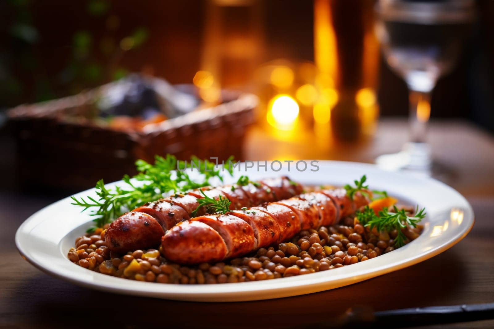 Cotechino with lentils raditional a Emilia-Romagna dish, with sausage served with lentils, symbolizing luck and prosperity for the new year.