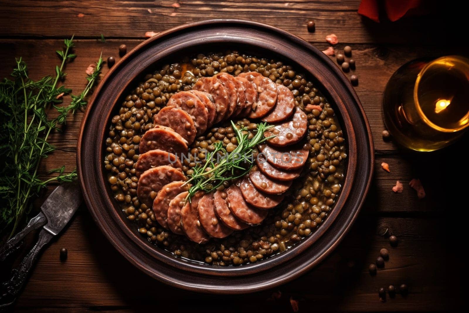 Cotechino with lentils raditional a Emilia-Romagna dish, with sausage served with lentils, symbolizing luck and prosperity for the new year.