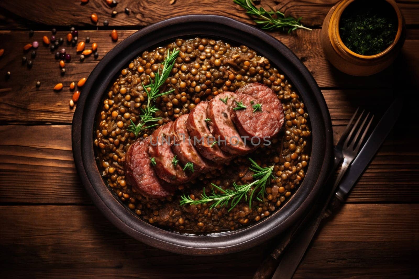 Cotechino with lentils raditional a Emilia-Romagna dish, with sausage served with lentils, symbolizing luck and prosperity for the new year.