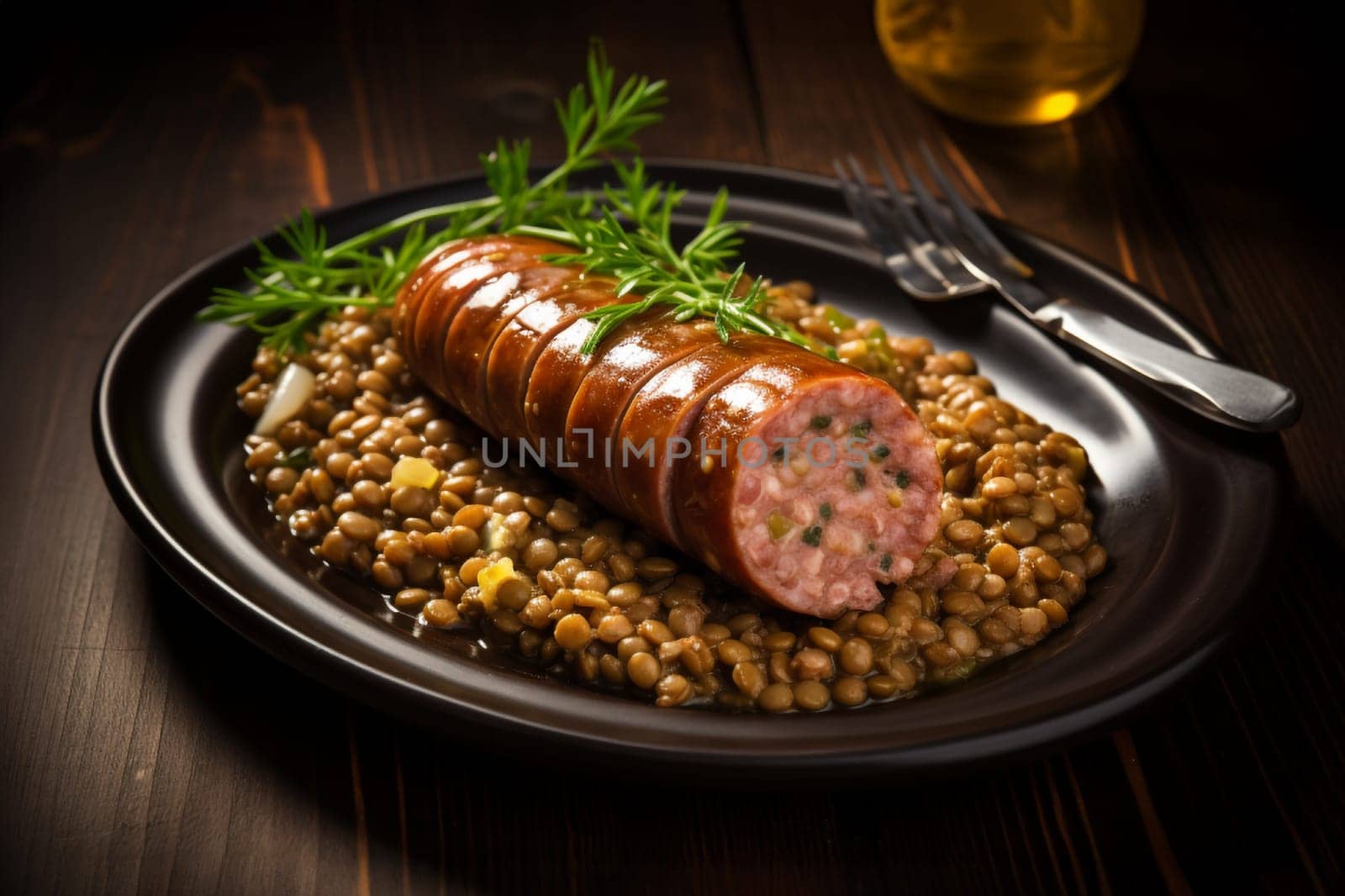 Cotechino with lentils raditional a Emilia-Romagna dish, with sausage served with lentils, symbolizing luck and prosperity for the new year.