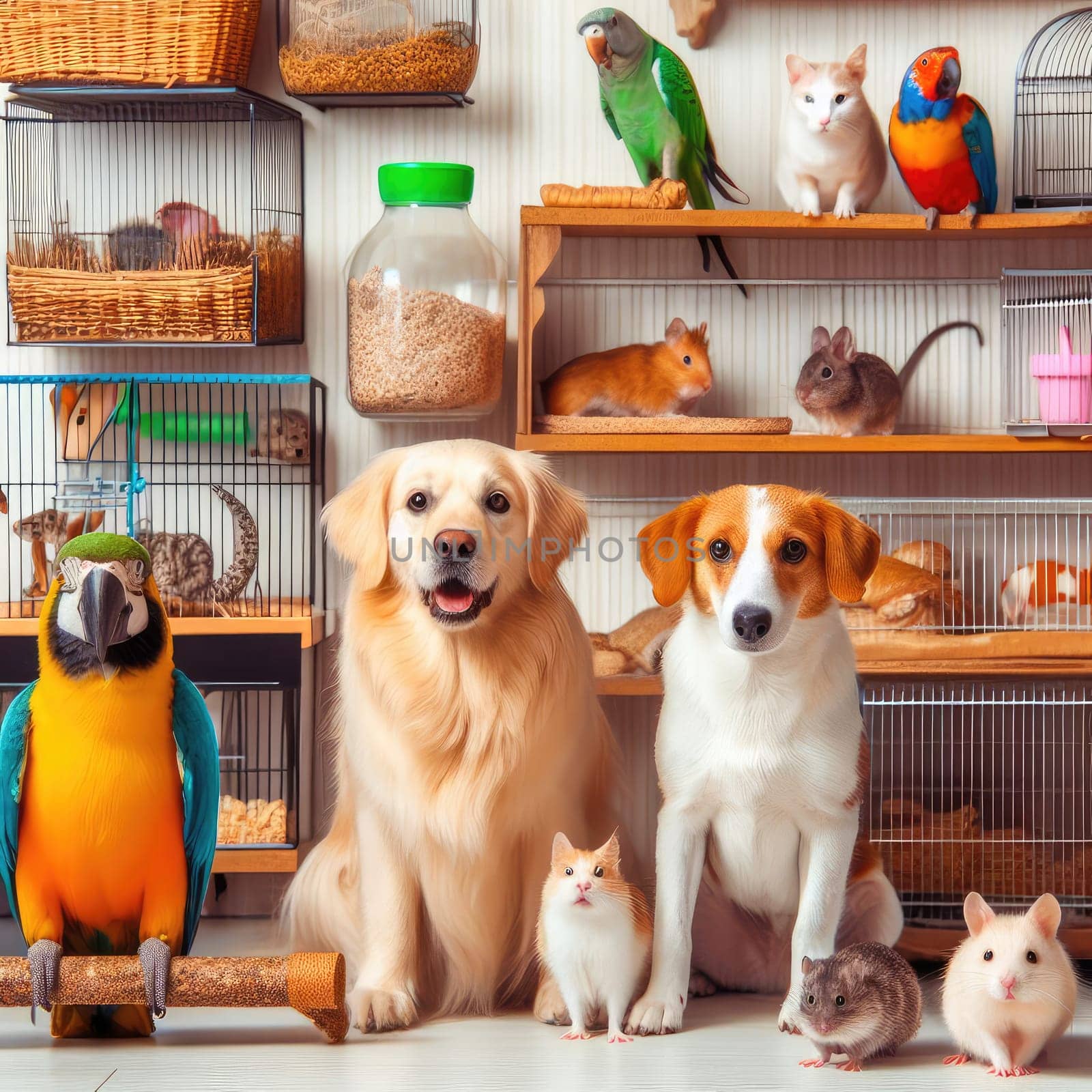 photo of pet clinic full of parrots hamster rats cats dogs and a fat snake.