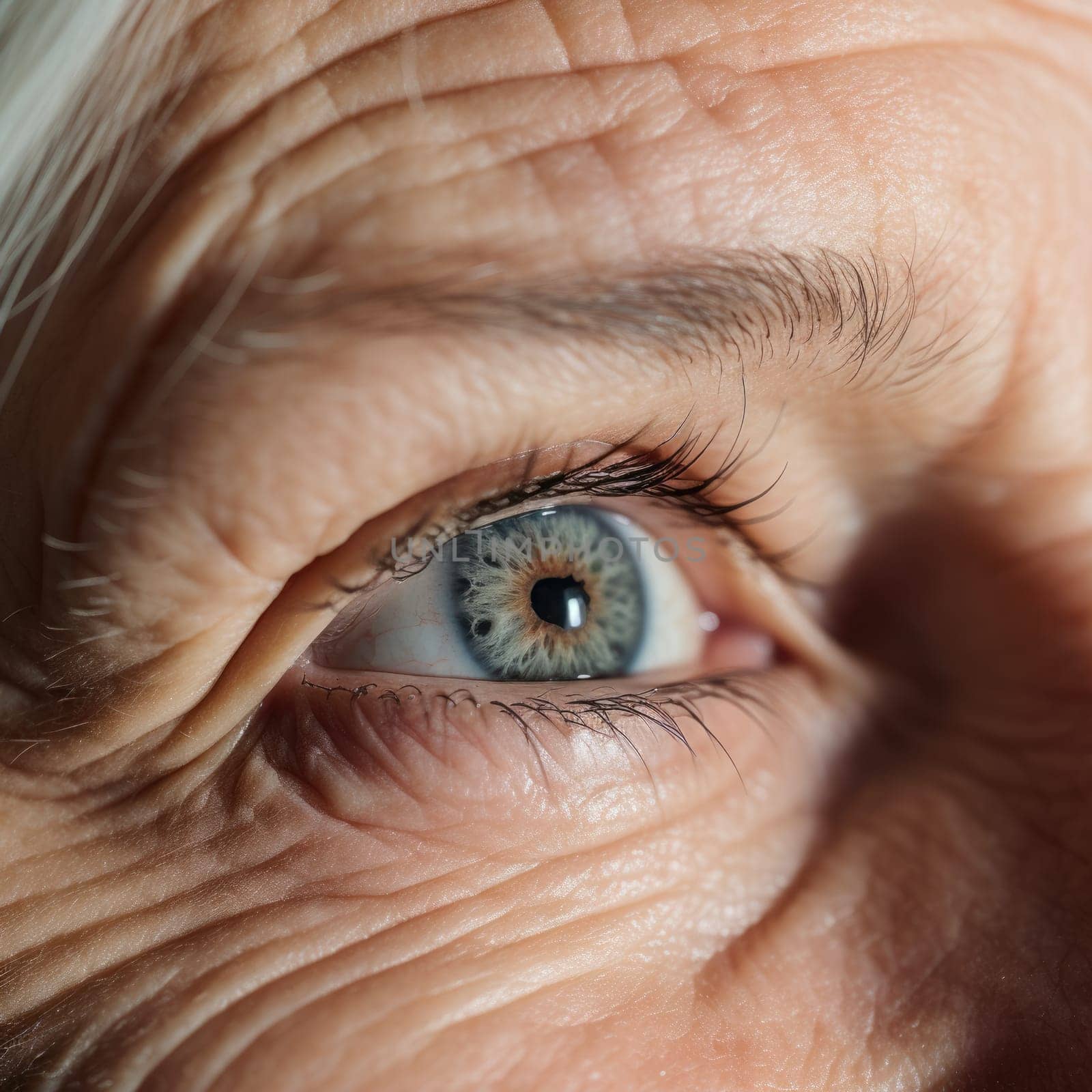 Close up cropped shot, face of old woman eye looking straight, into distance. Macro eye close up, AI Generated