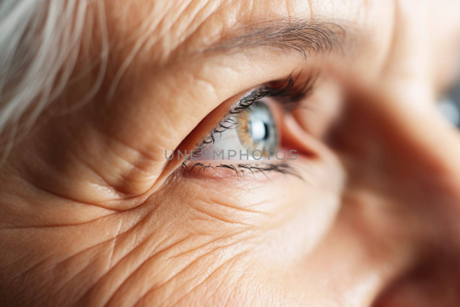Close up cropped shot, face of old woman eye looking straight, into distance. Macro eye close up, AI Generated