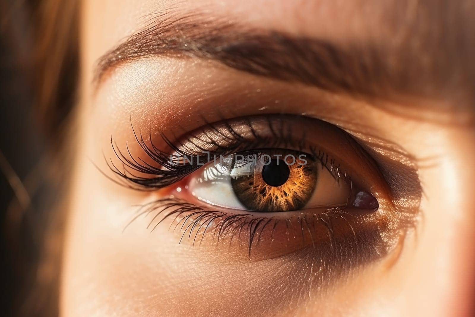 Close up cropped shot, face of young woman eye looking straight, into distance. Macro eye close up, AI Generated