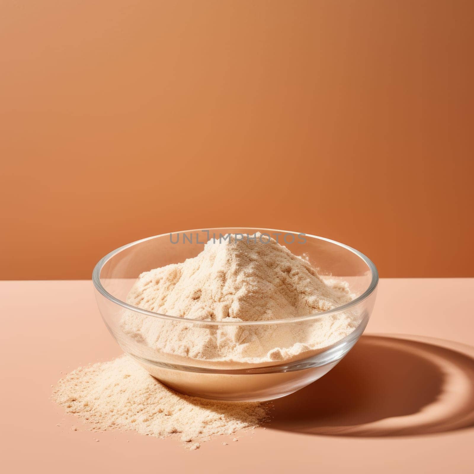 Hydrolyzed collagen powder in a bowl on beige background. AI Generated