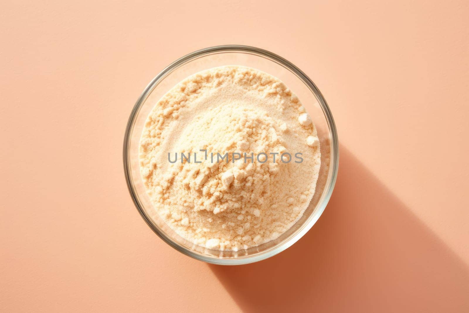 Hydrolyzed collagen powder in a Petri dish on colored background. AI Generated