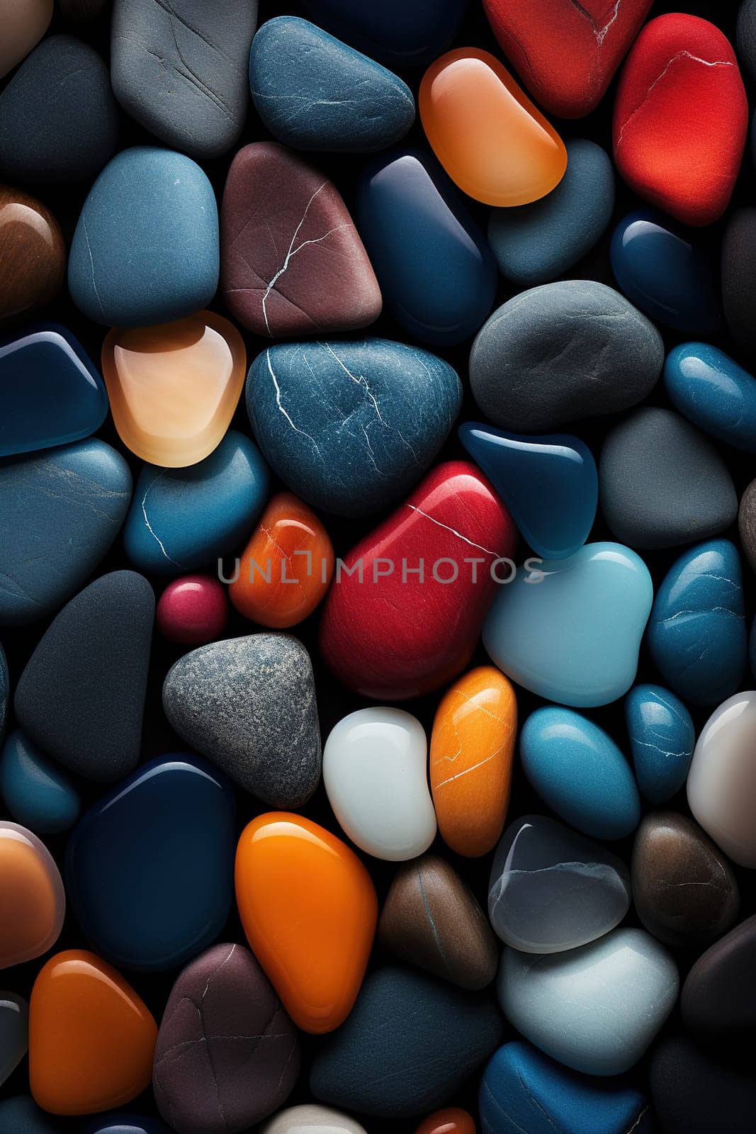 Vertical wallpaper made of multi-colored beach stones. Background of colored pebbles.