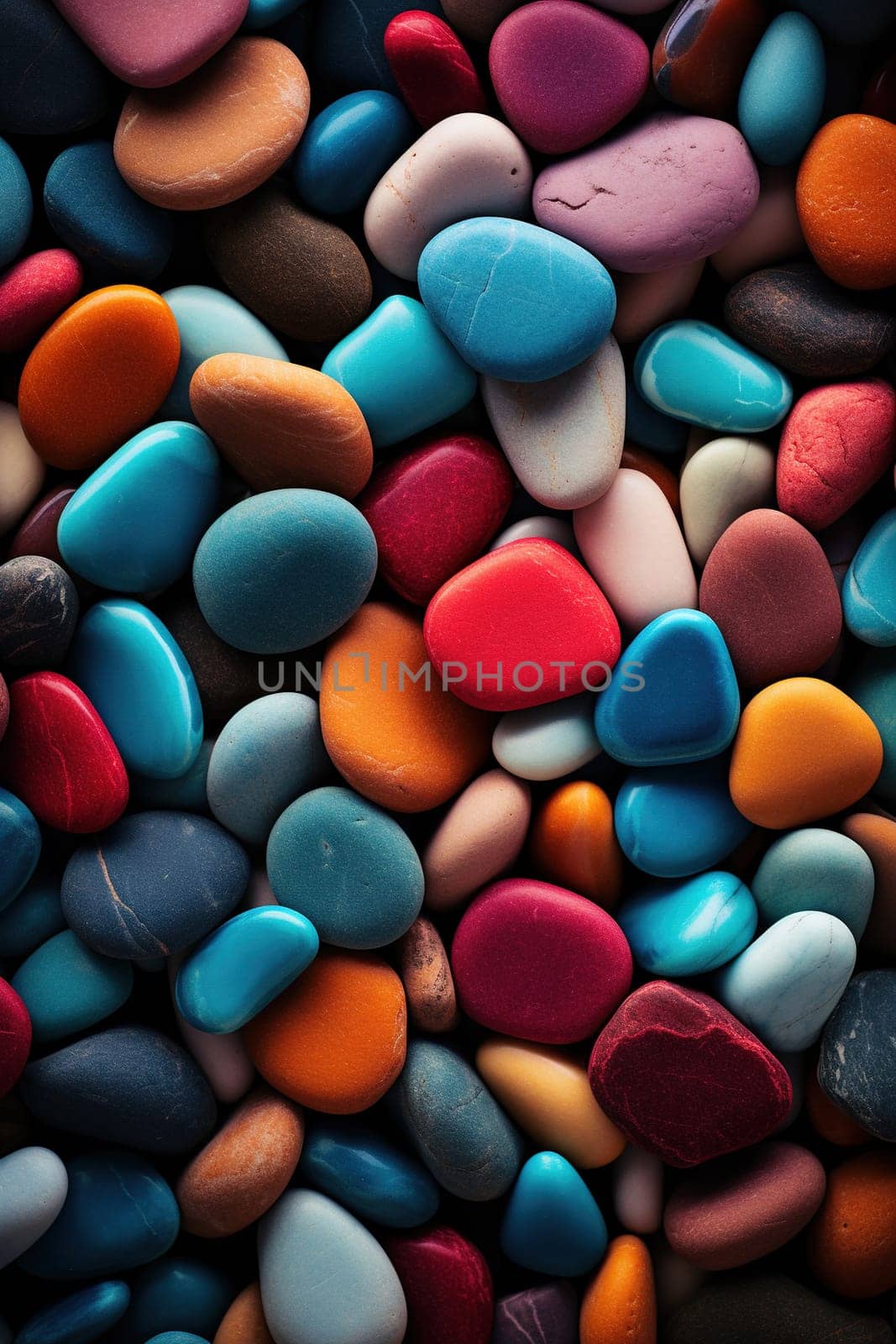 Vertical wallpaper made of multi-colored beach stones. Background of colored pebbles. Generative AI by Vovmar