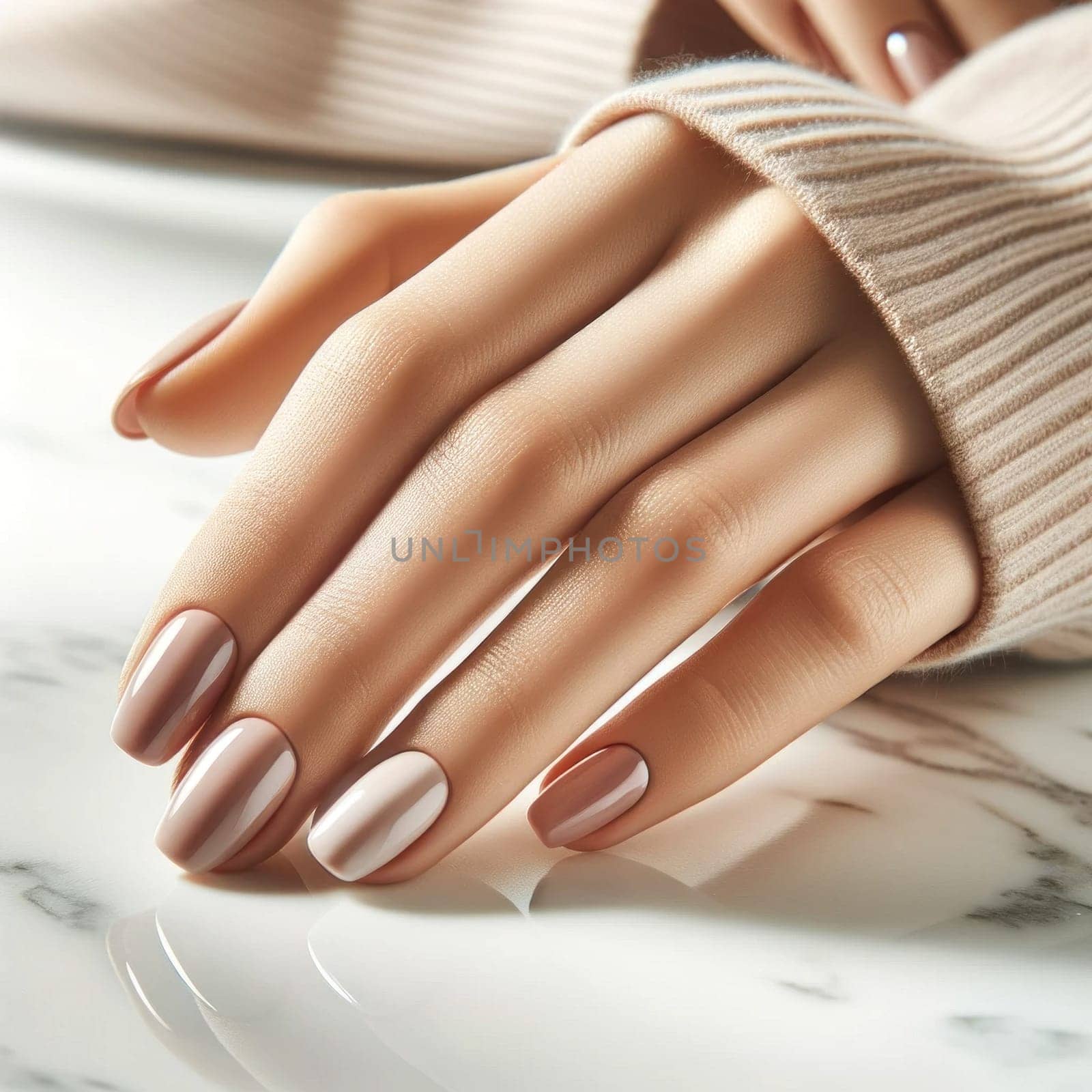 Elegant hands with taupe beige polish. Created using AI Generated technology and image editing software.