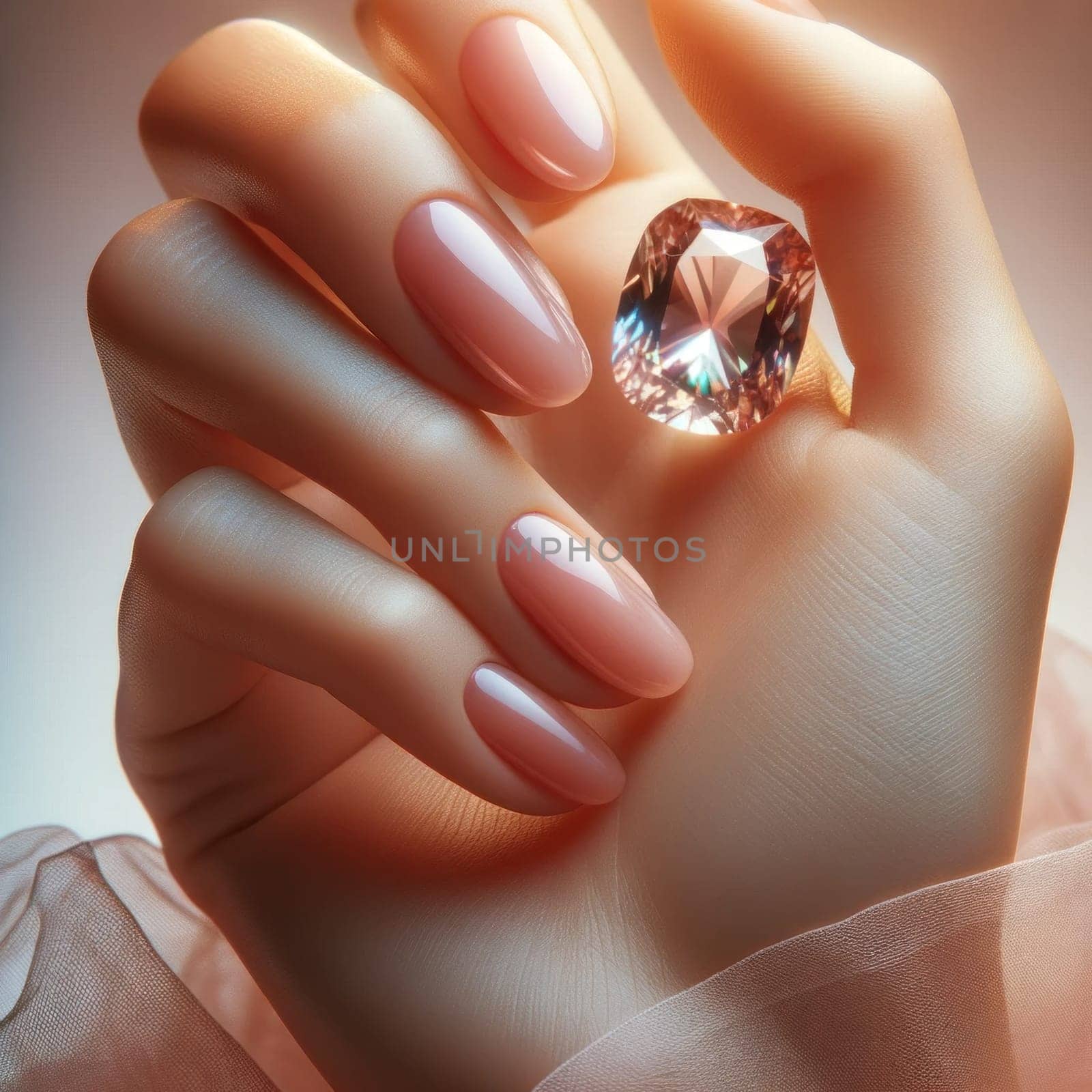 Peach pink manicured hand showcasing radiant gem. Created using AI Generated technology and image editing software.