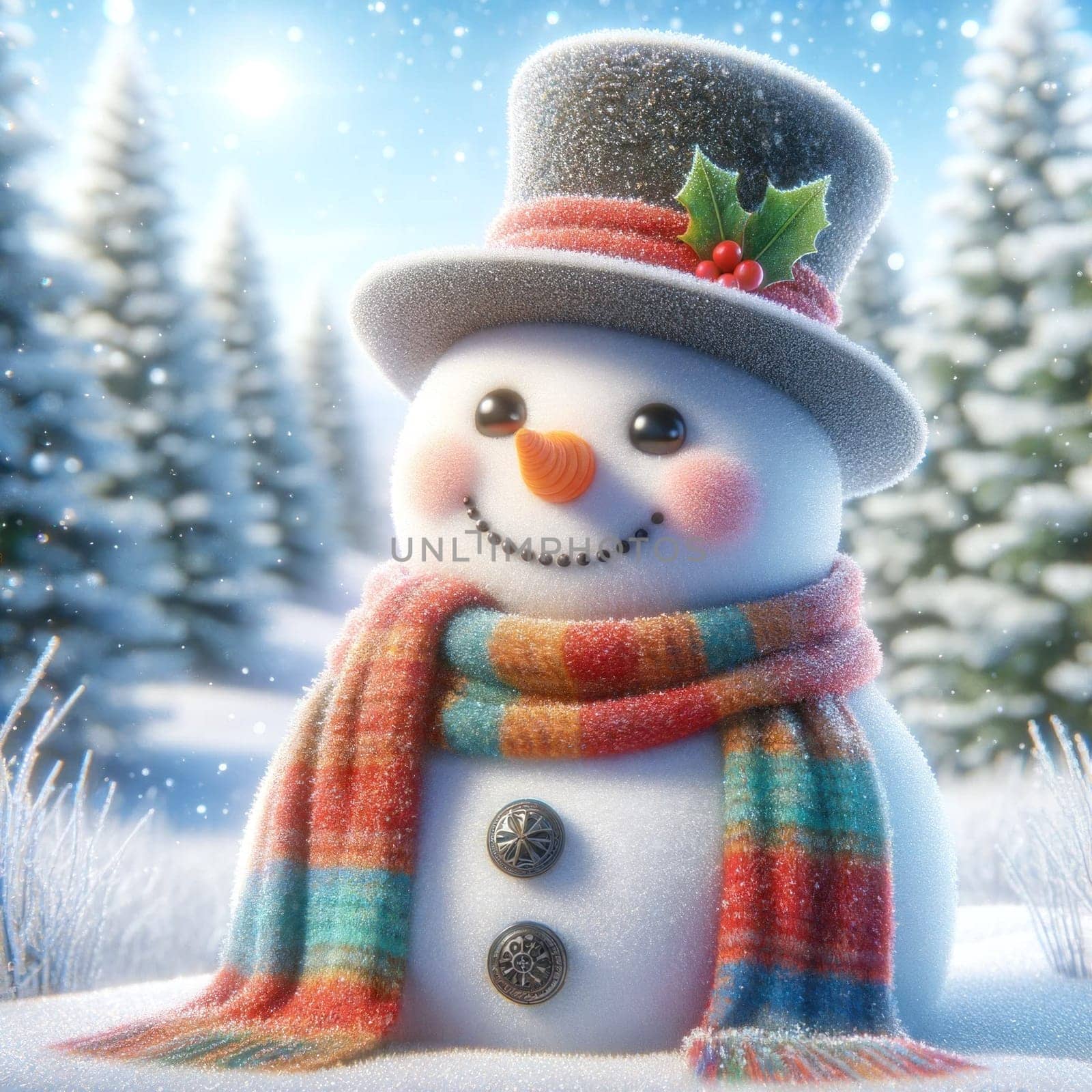 Colorful Scarf Adorned Snowman in a Snowy Setting. AI Generated. by ChikaArt