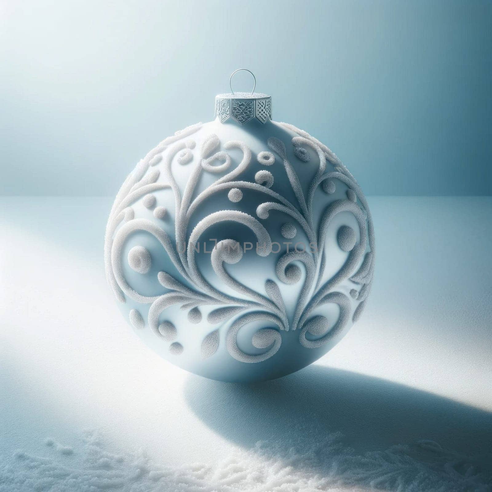 Snowy blue Christmas bauble. Created using AI Generated technology and image editing software.