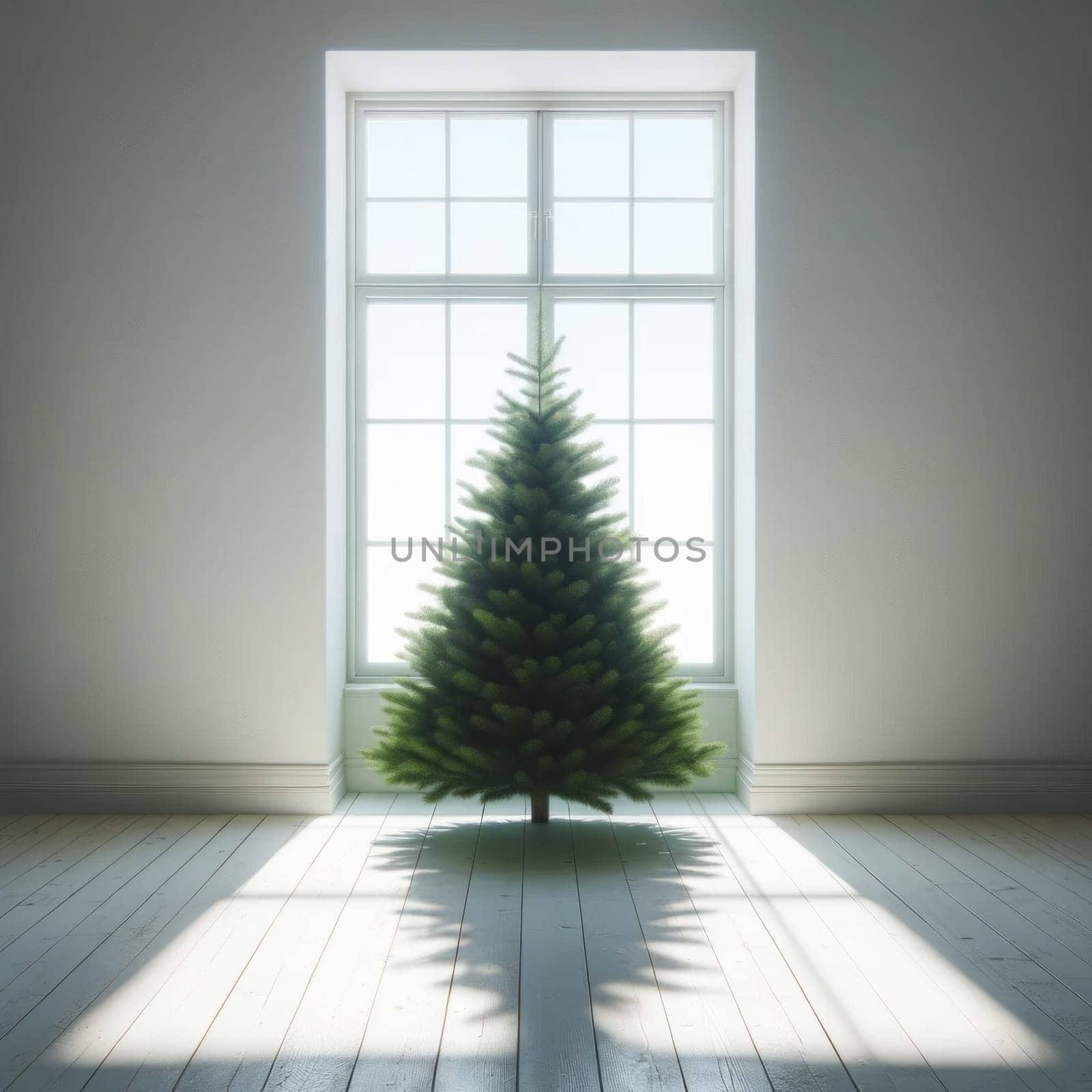 Serene Christmas tree in light room. Created using AI Generated technology and image editing software.